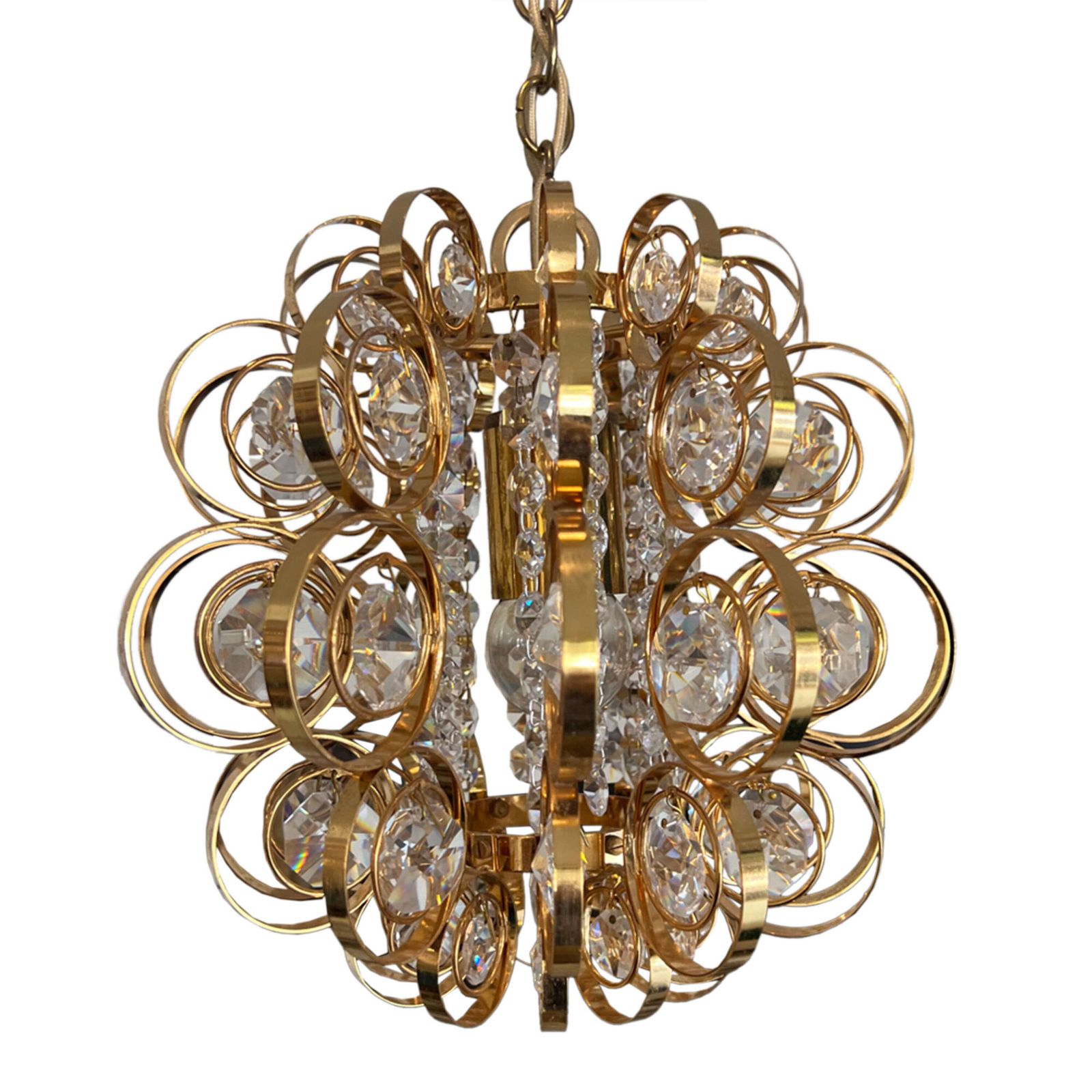 Single Brass And Crystal Hanging Light Attributed To Palwa