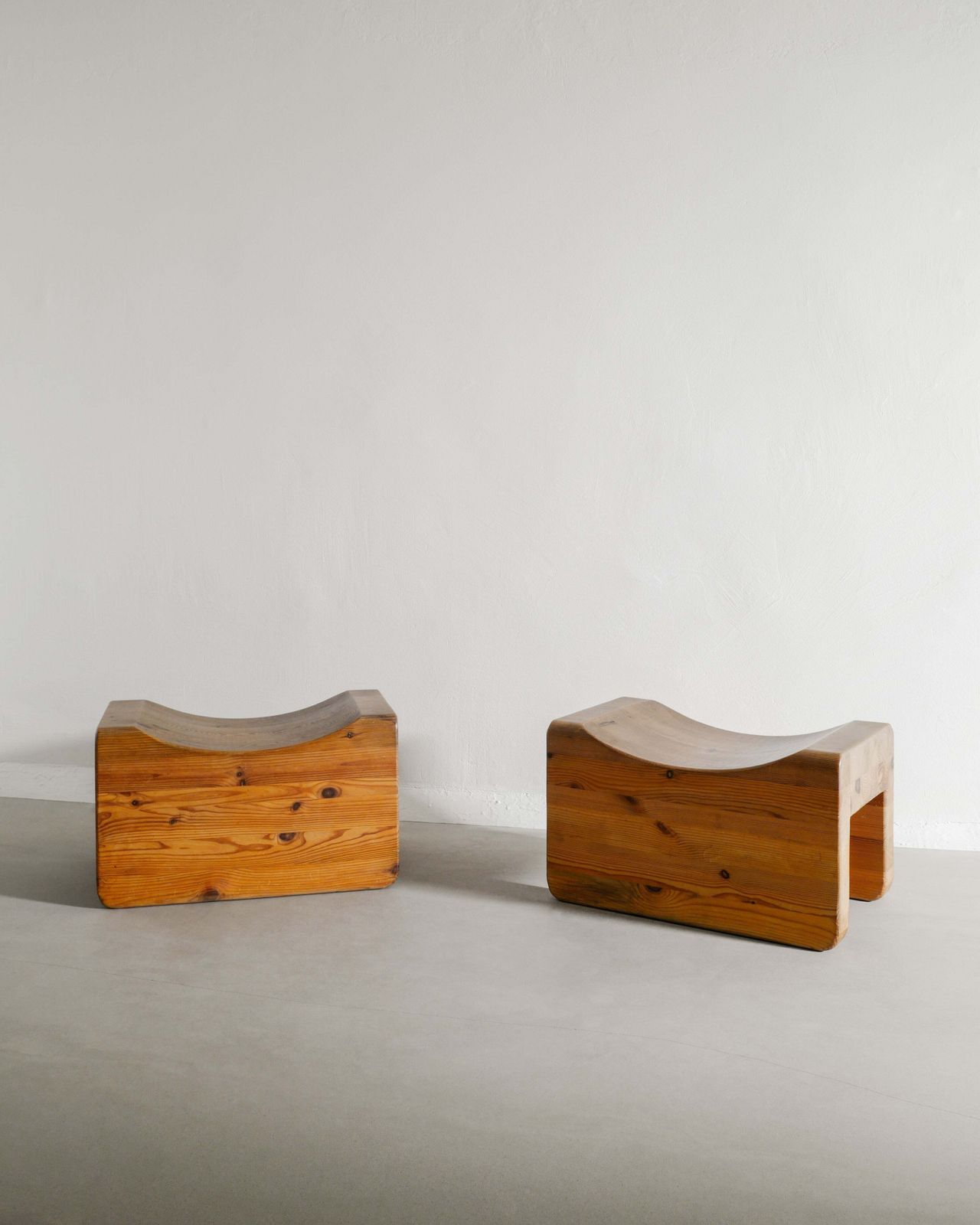 Pair Of Swedish Mid Century Sculptural "Palle" Wooden Pine Tabourets By K.J. Pettersson & Söner In Sweden, 1970s