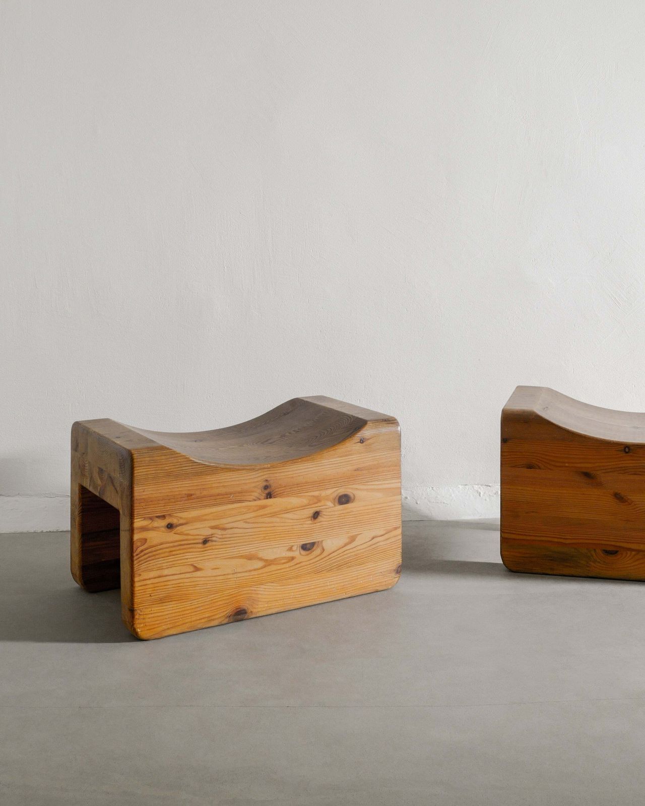 Pair Of Swedish Mid Century Sculptural "Palle" Wooden Pine Tabourets By K.J. Pettersson & Söner In Sweden, 1970s photo for sale