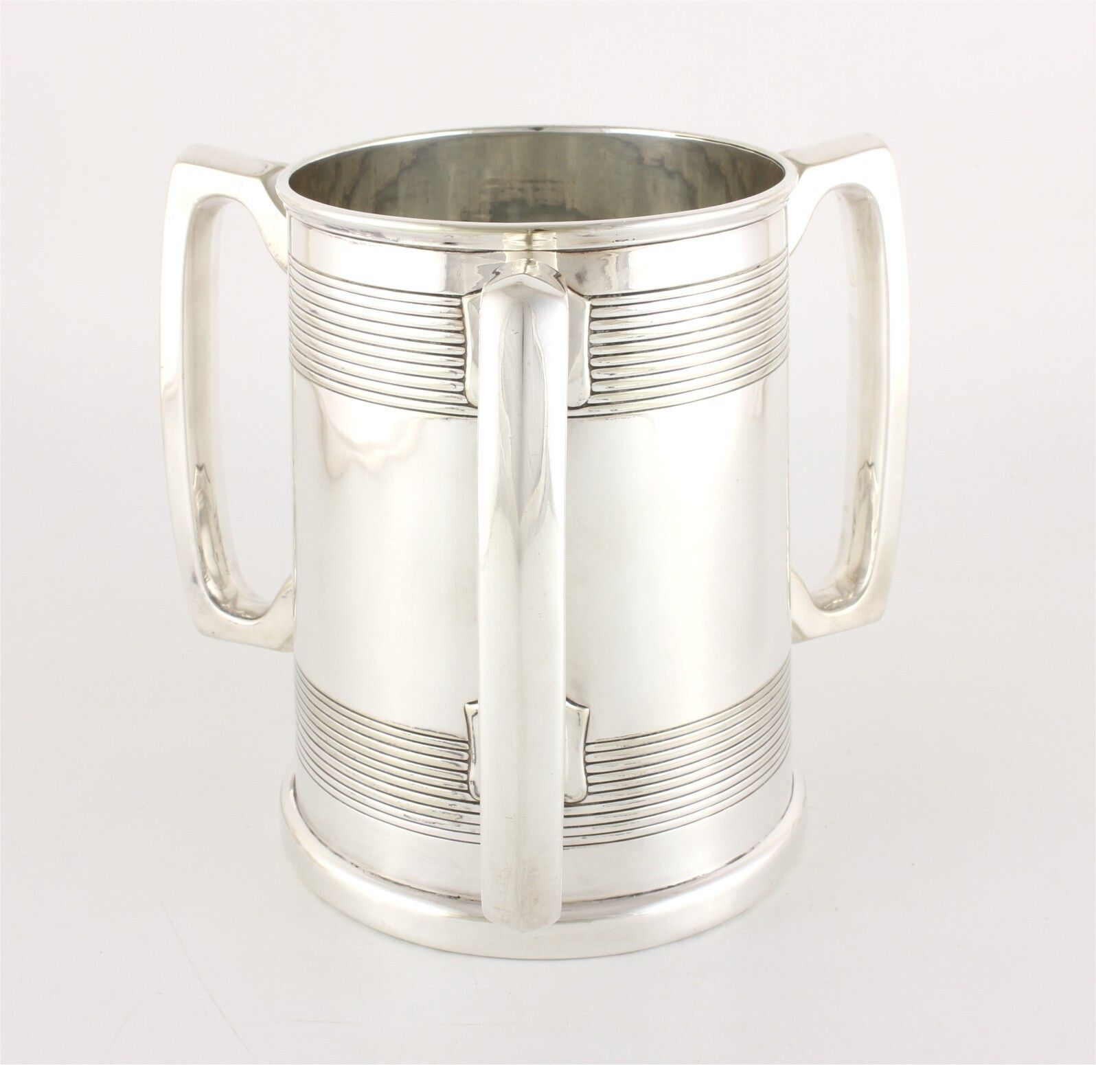 Silver Plate Three Handled Tyg. Glass Bottom Presentation Cup Tankard. photo furniture