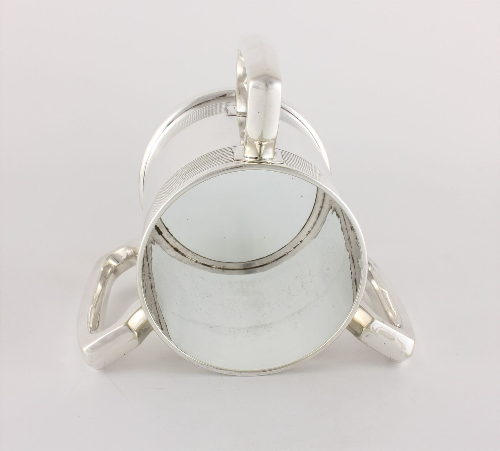 Silver Plate Three Handled Tyg. Glass Bottom Presentation Cup Tankard. photo for sale