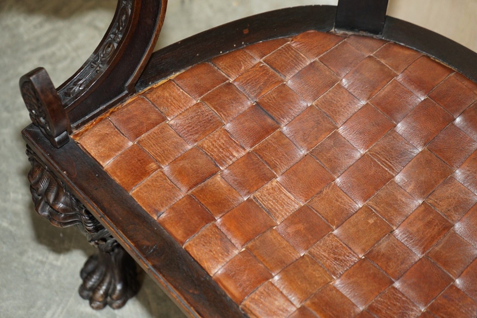 Pair Of Important Original Antique Klismos Armchairs Carved Lions Woven Leather photo vintage