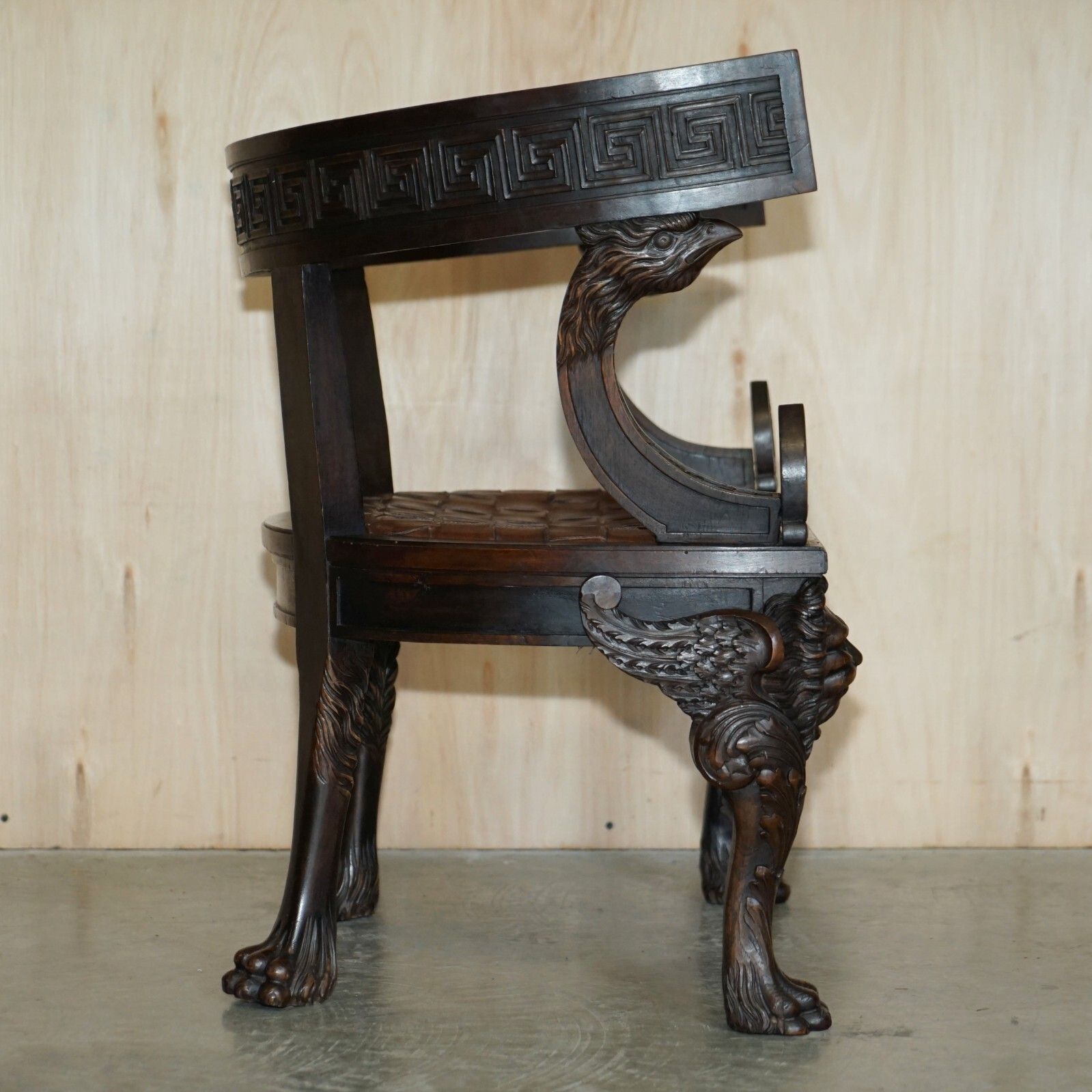 photo for sale Pair Of Important Original Antique Klismos Armchairs Carved Lions Woven Leather
