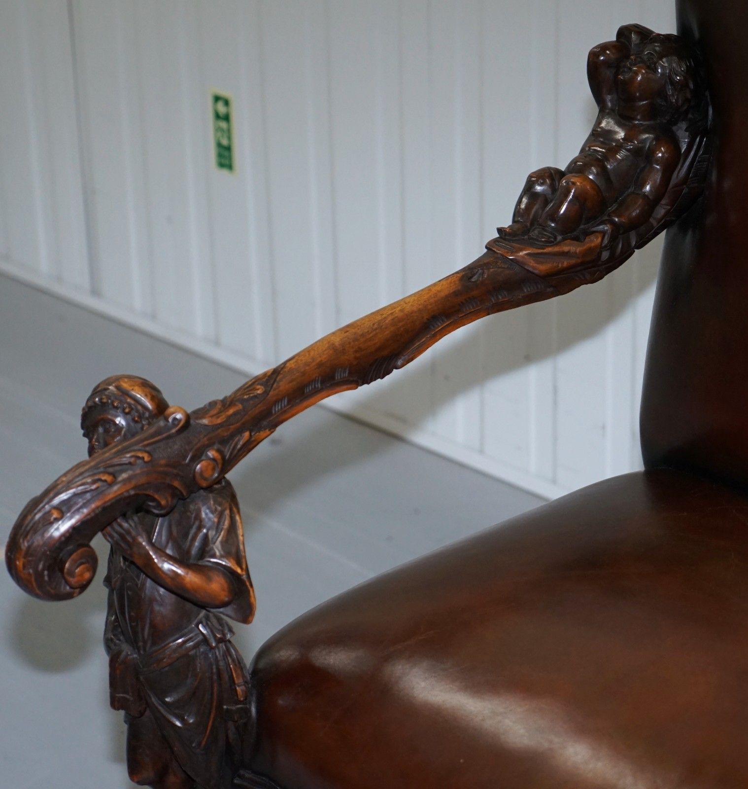 1850 Palatial Venetian Carved Walnut Leather Bench Valentino Panciera Besarel photo buy