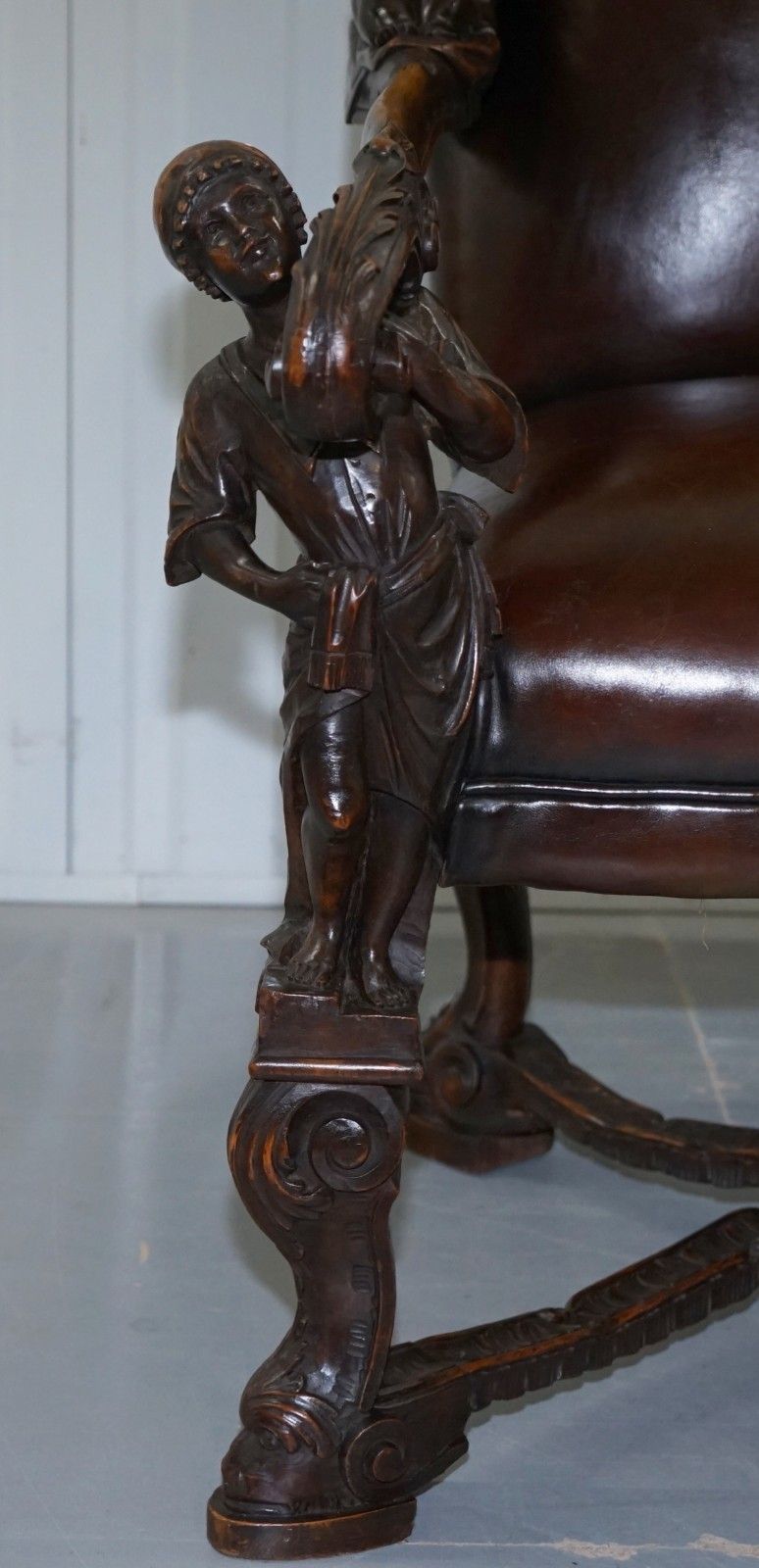 photo furniture 1850 Palatial Venetian Carved Walnut Leather Bench Valentino Panciera Besarel