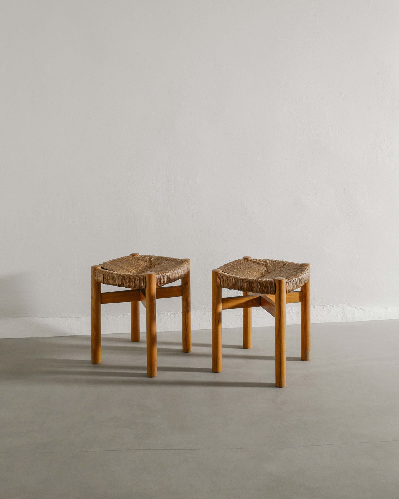 French Mid Century Wooden Ash Four Legged "Meribel" Stools Charlotte Perriand, 1960s photo furniture