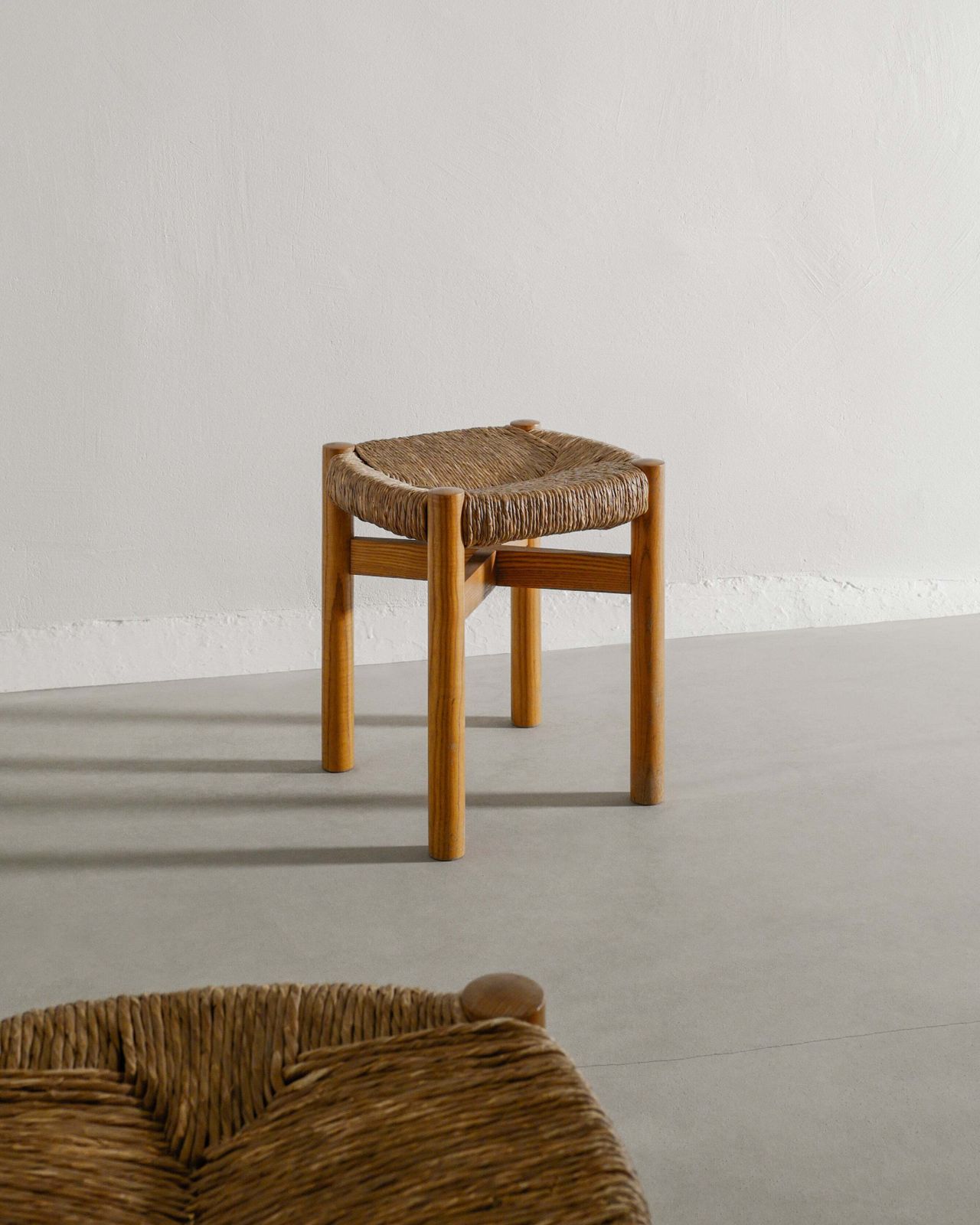 French Mid Century Wooden Ash Four Legged "Meribel" Stools Charlotte Perriand, 1960s photo vinterior