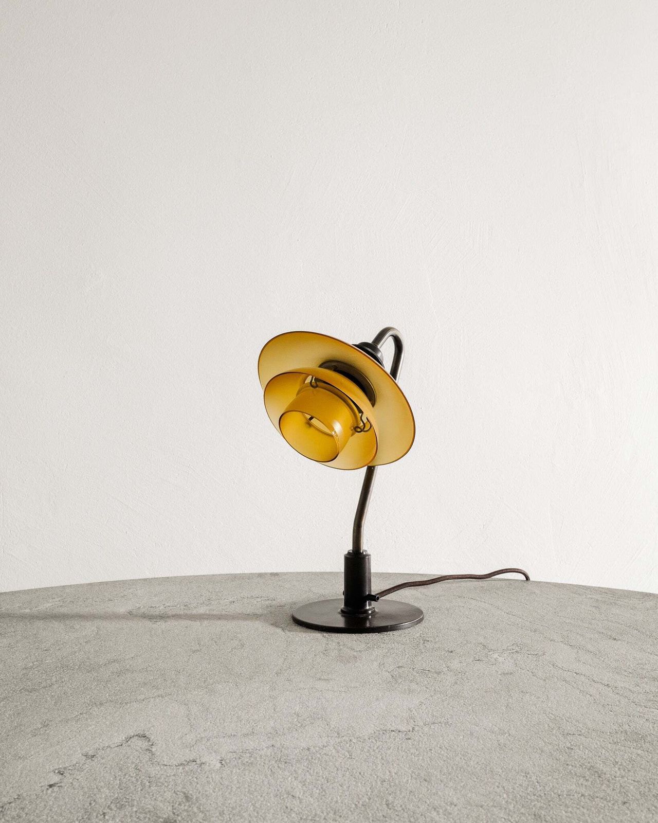 Danish Mid Century Modern Poul Henningsen "Ph 2/2" Table Lamp In Patinated Brass & Yellow Amber Glass, 1930s photo for sale