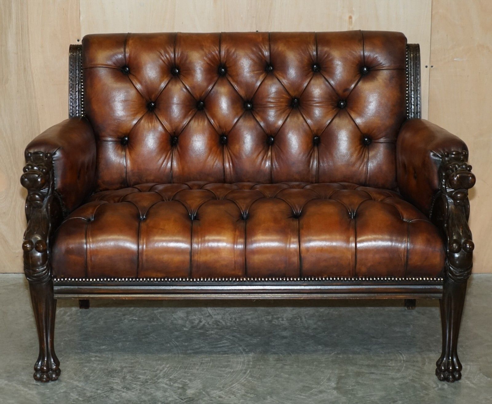 Restored Antique Lion Hand Carved Brown Leather Chesterfield Sofa Armchair Suite photo Furniture