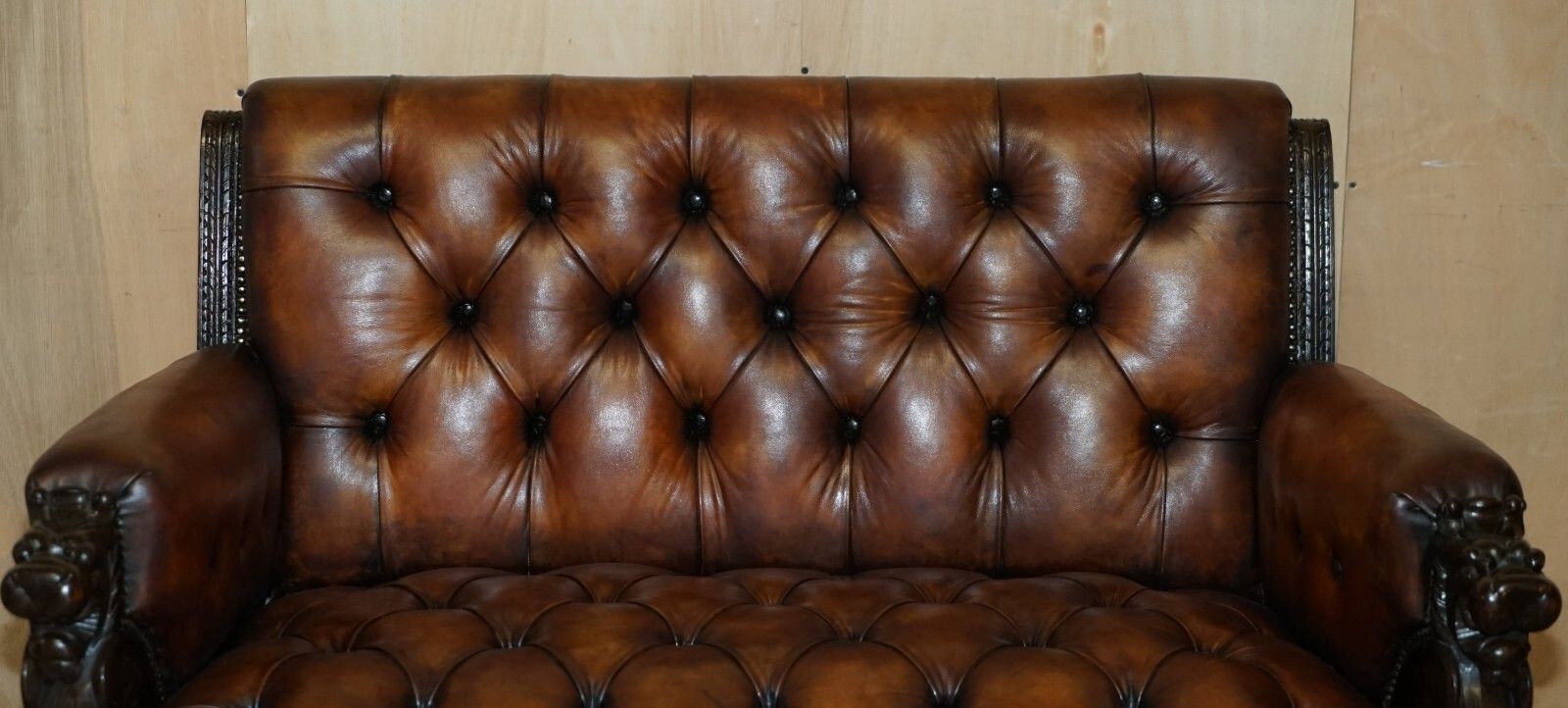 Restored Antique Lion Hand Carved Brown Leather Chesterfield Sofa Armchair Suite photo 25000.0
