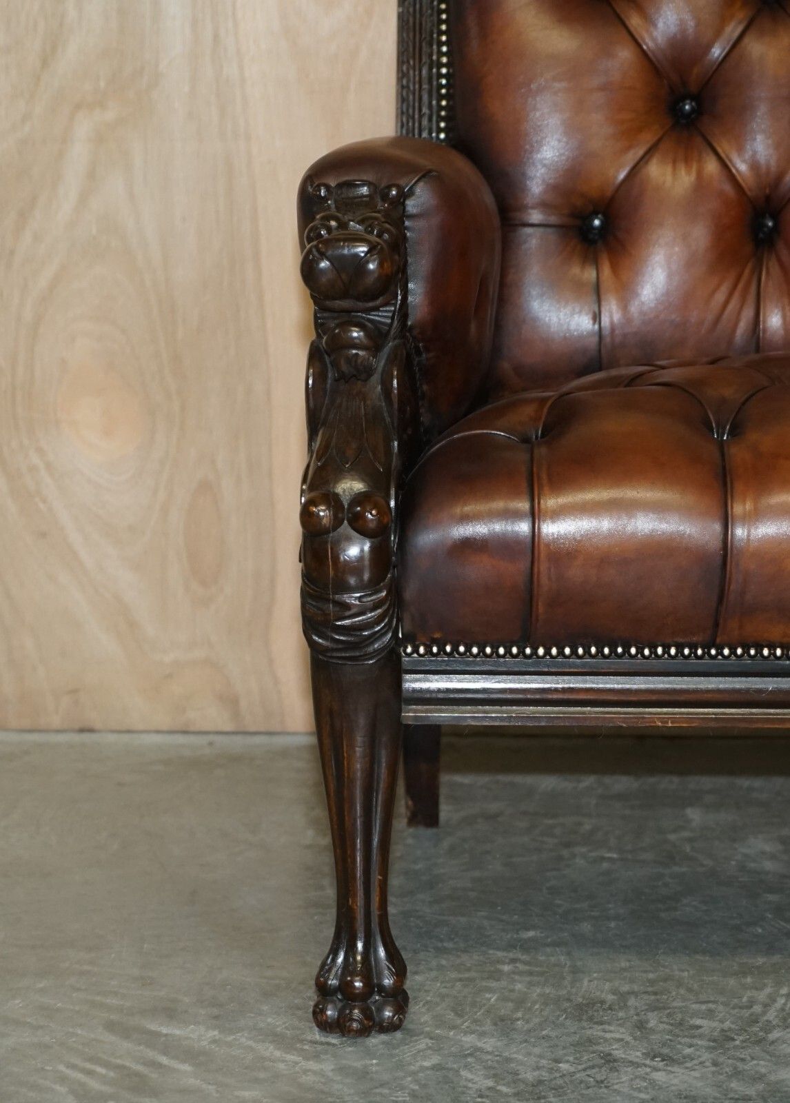 Restored Antique Lion Hand Carved Brown Leather Chesterfield Sofa Armchair Suite photo vintage