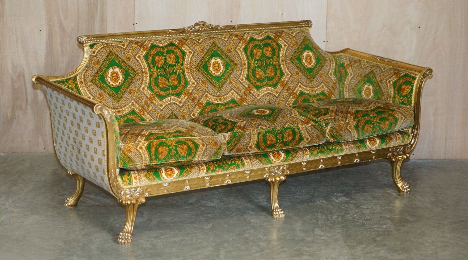 Versace Silk Velvet Upholstered Giltwood Italian Sofa & Pair Of Armchairs Suite photo furniture