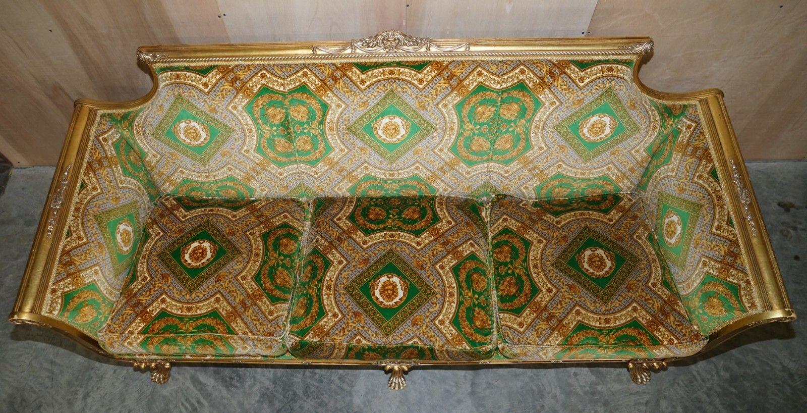 Versace Silk Velvet Upholstered Giltwood Italian Sofa & Pair Of Armchairs Suite photo Furniture
