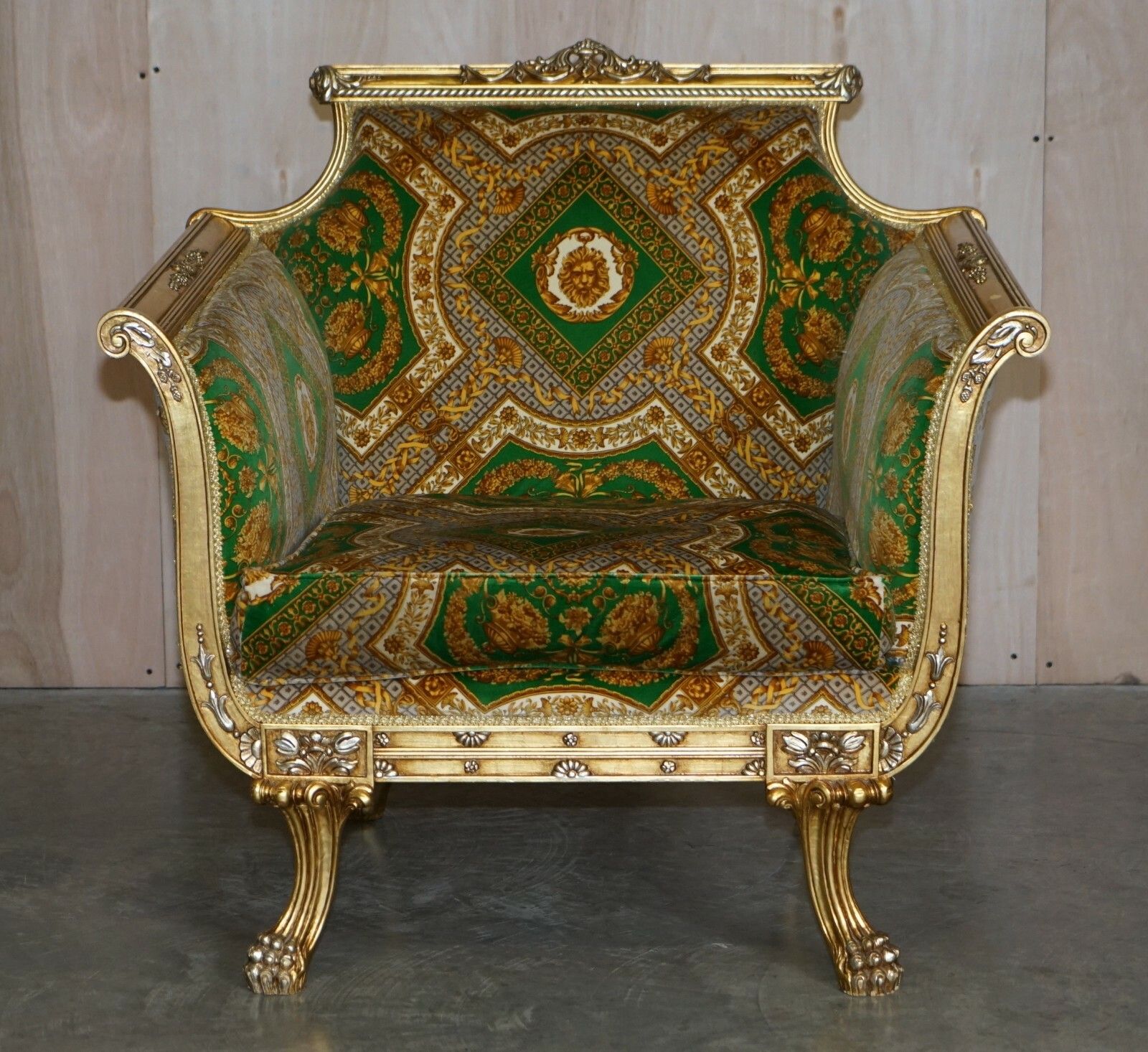 photo for sale Versace Silk Velvet Upholstered Giltwood Italian Sofa & Pair Of Armchairs Suite