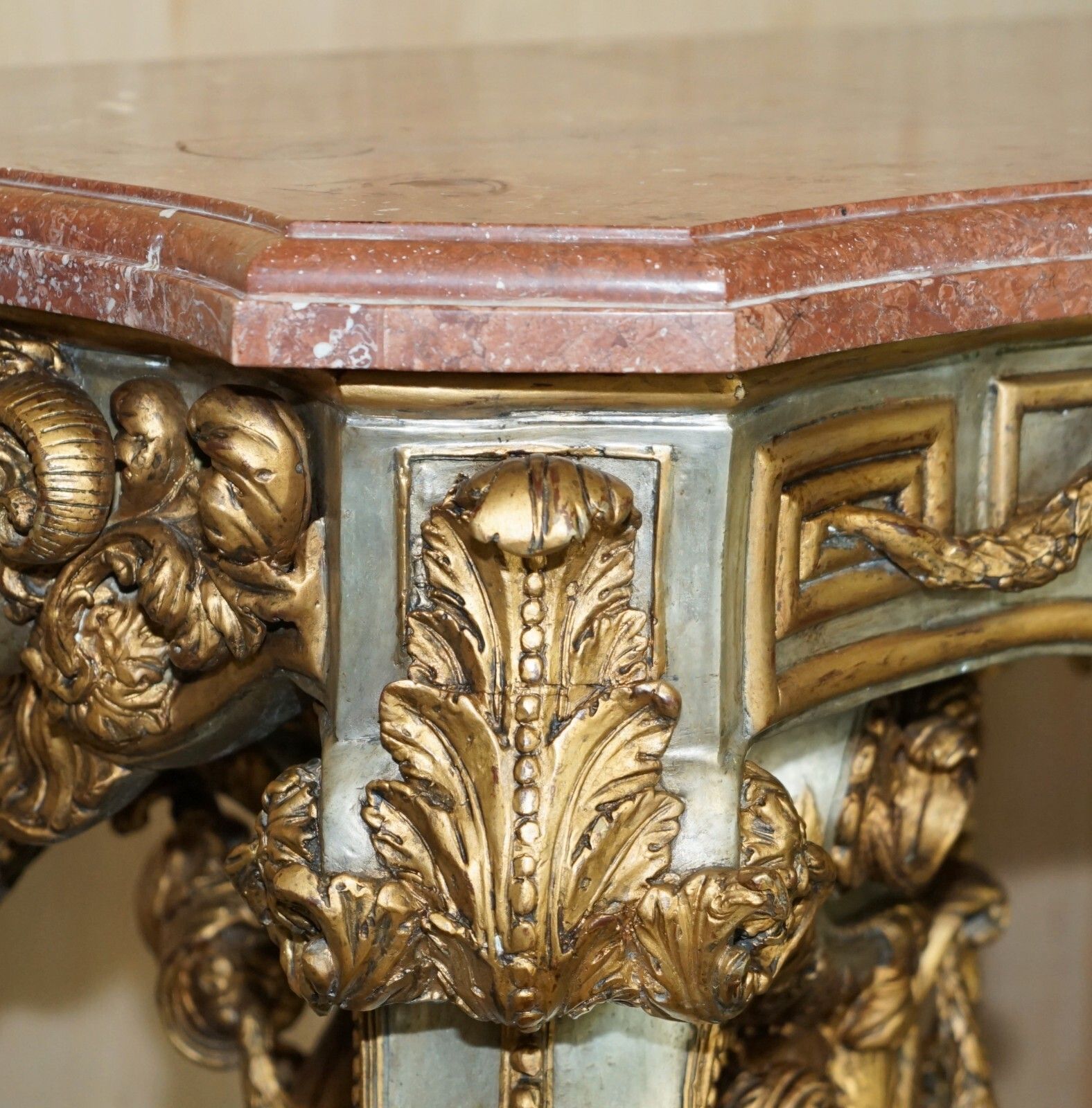 Super Rare Metal Antique Baroque Rams & Maiden Head Marble Topped Console Table photo Furniture