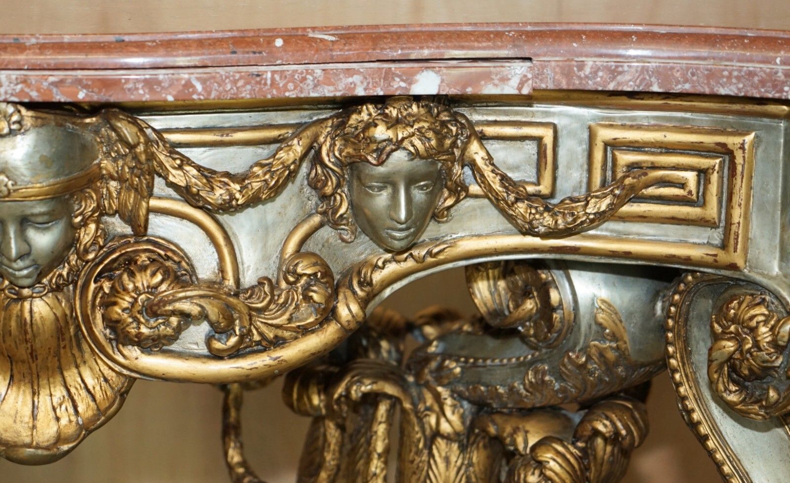 Super Rare Metal Antique Baroque Rams & Maiden Head Marble Topped Console Table photo vintage