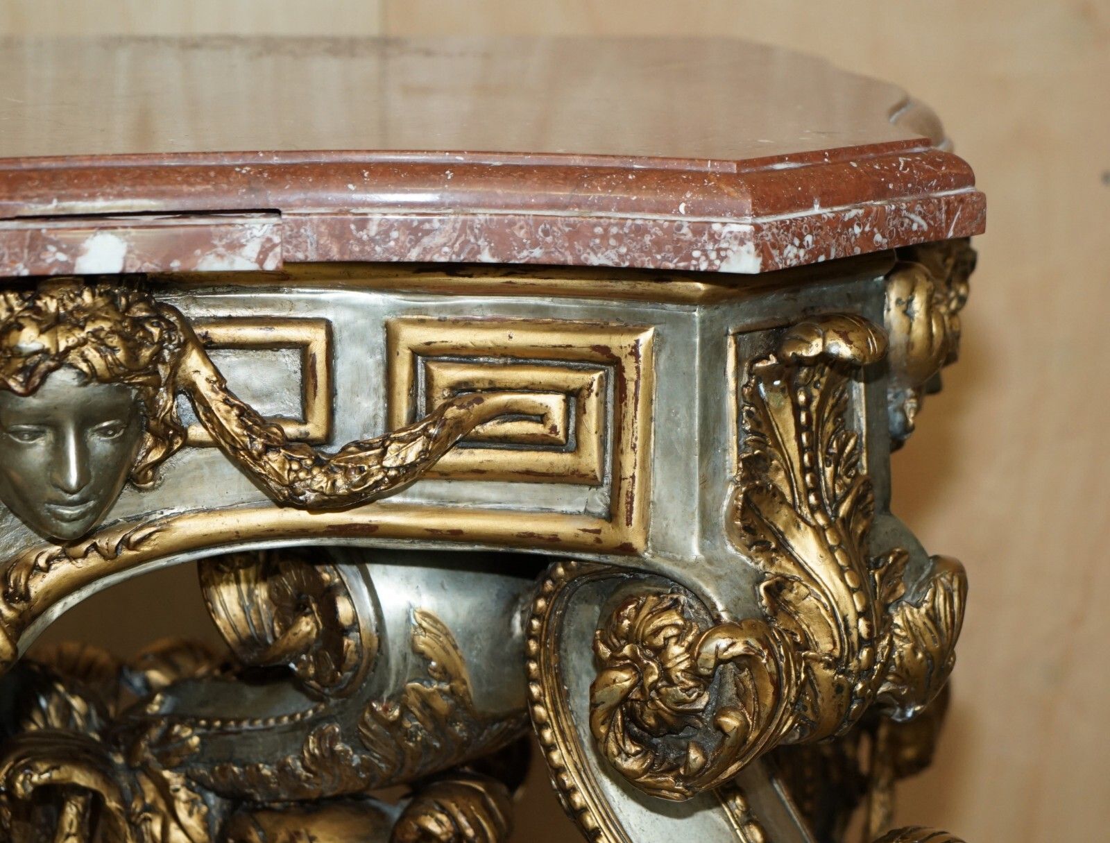 photo furniture Super Rare Metal Antique Baroque Rams & Maiden Head Marble Topped Console Table