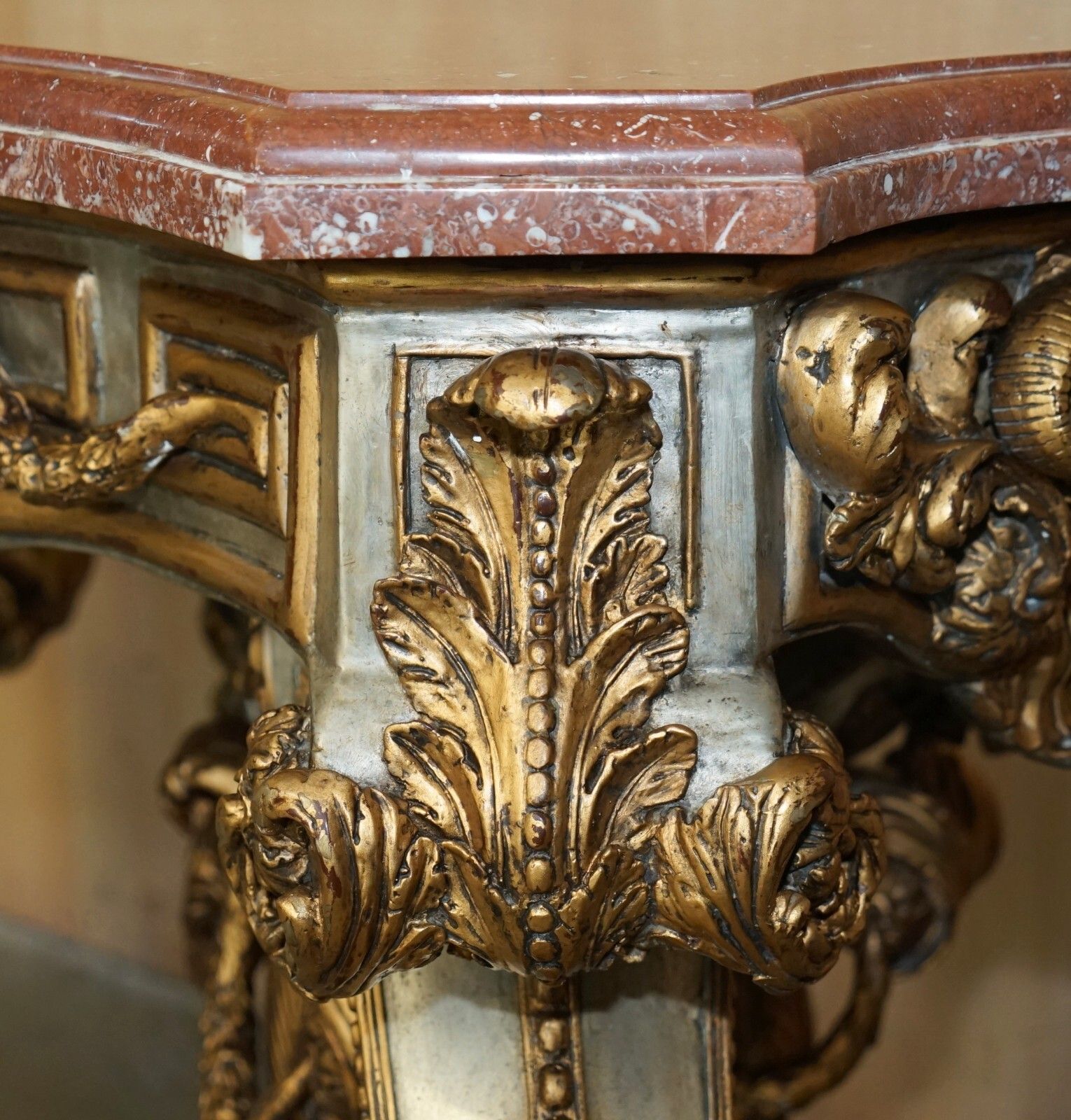 photo for sale Super Rare Metal Antique Baroque Rams & Maiden Head Marble Topped Console Table