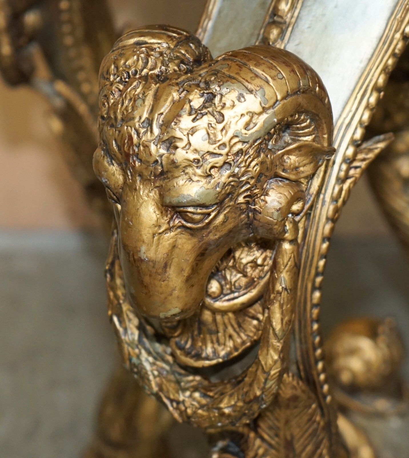 25000.0 Super Rare Metal Antique Baroque Rams & Maiden Head Marble Topped Console Table photo