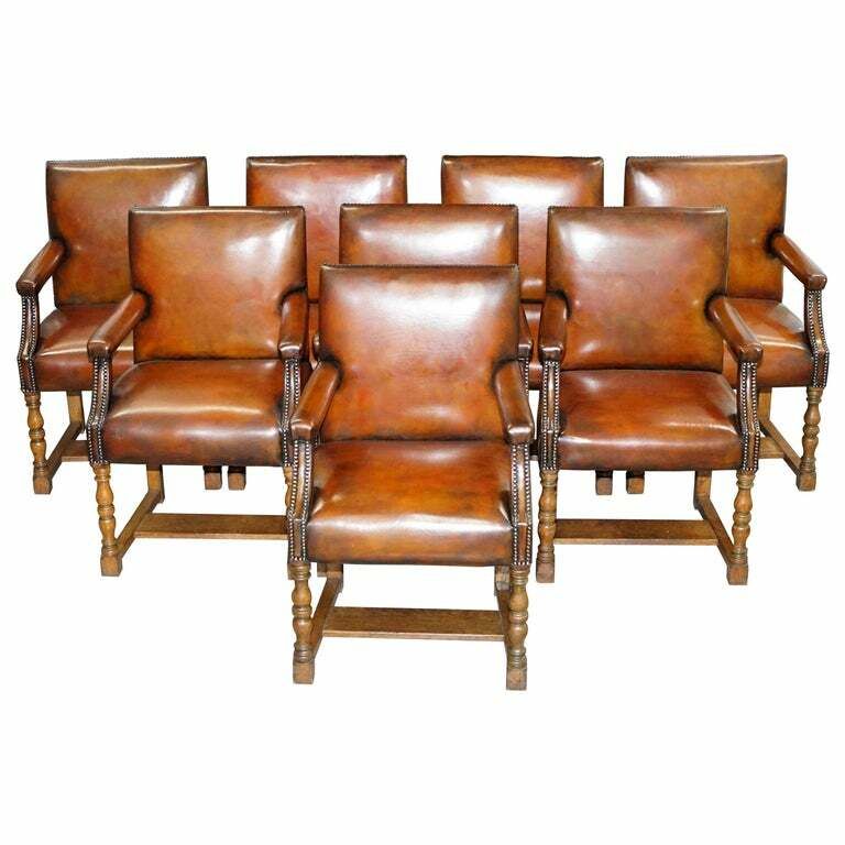 8 Howard & Son's Stamped Circa 1900 Brown Leather Carver Gainsborough Armchairs