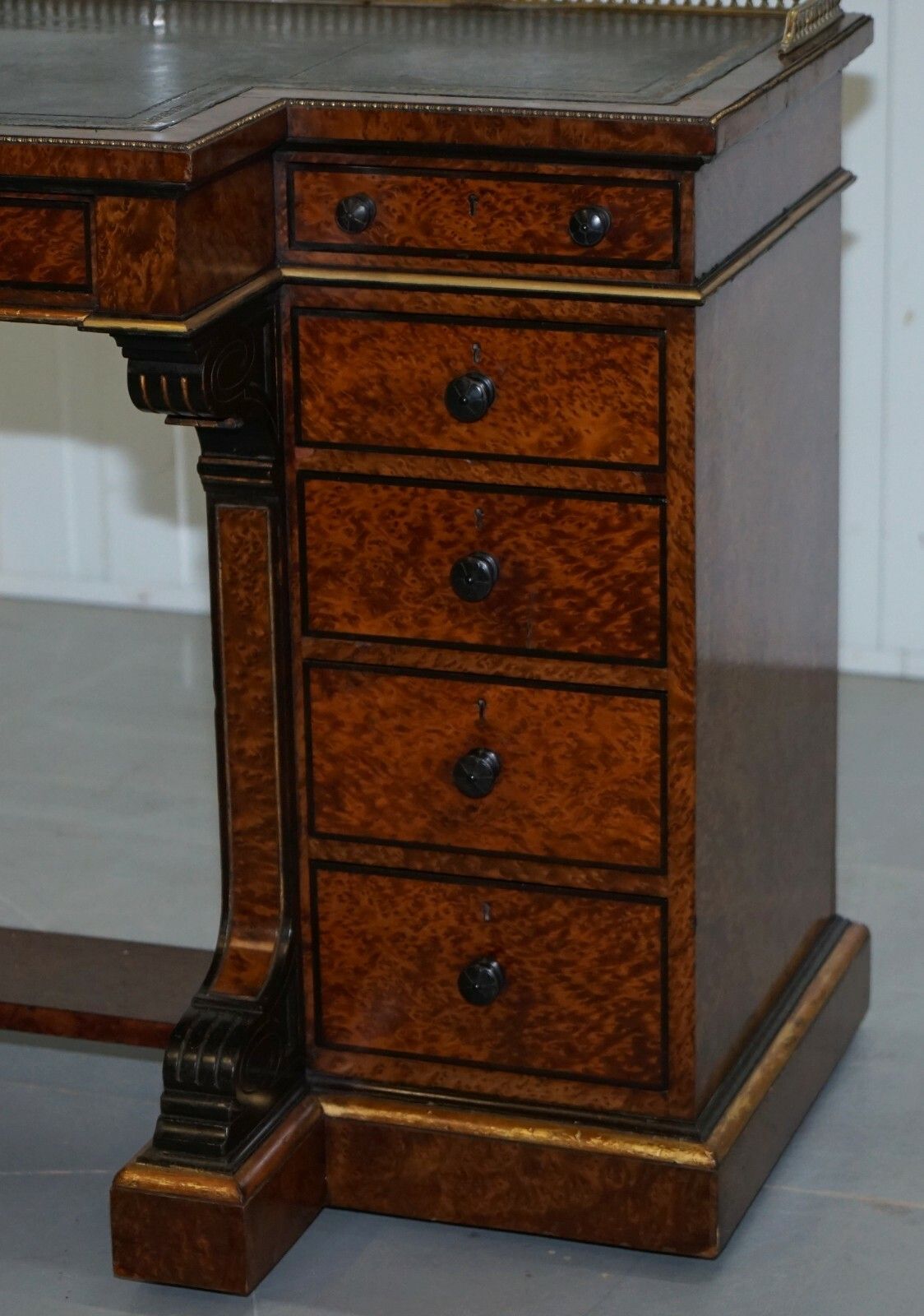 Very Rare Gillow 1852 57 Breakfront Library Desk Brass Gallery Burr Amboyna Wood photo 20000.0