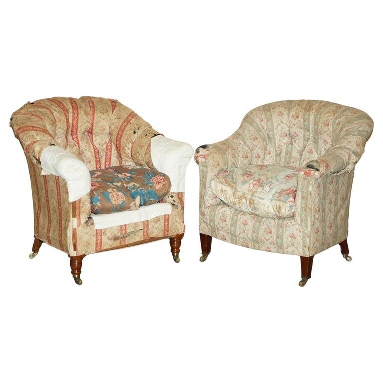 Pair Of Antique Original Ticking Fabric Howard & Son's Chesterfield Armchairs