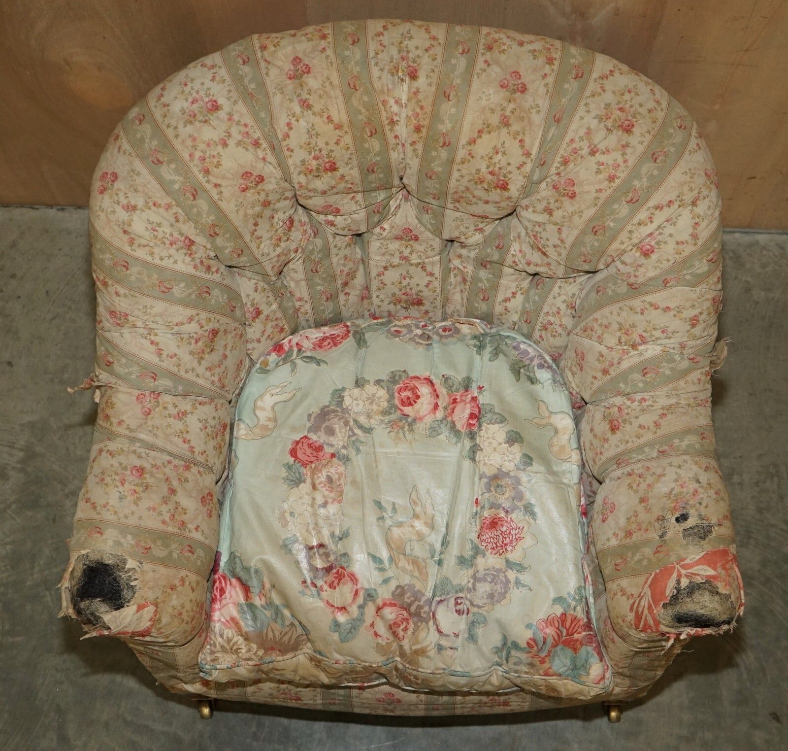 photo vintage Pair Of Antique Original Ticking Fabric Howard & Son's Chesterfield Armchairs