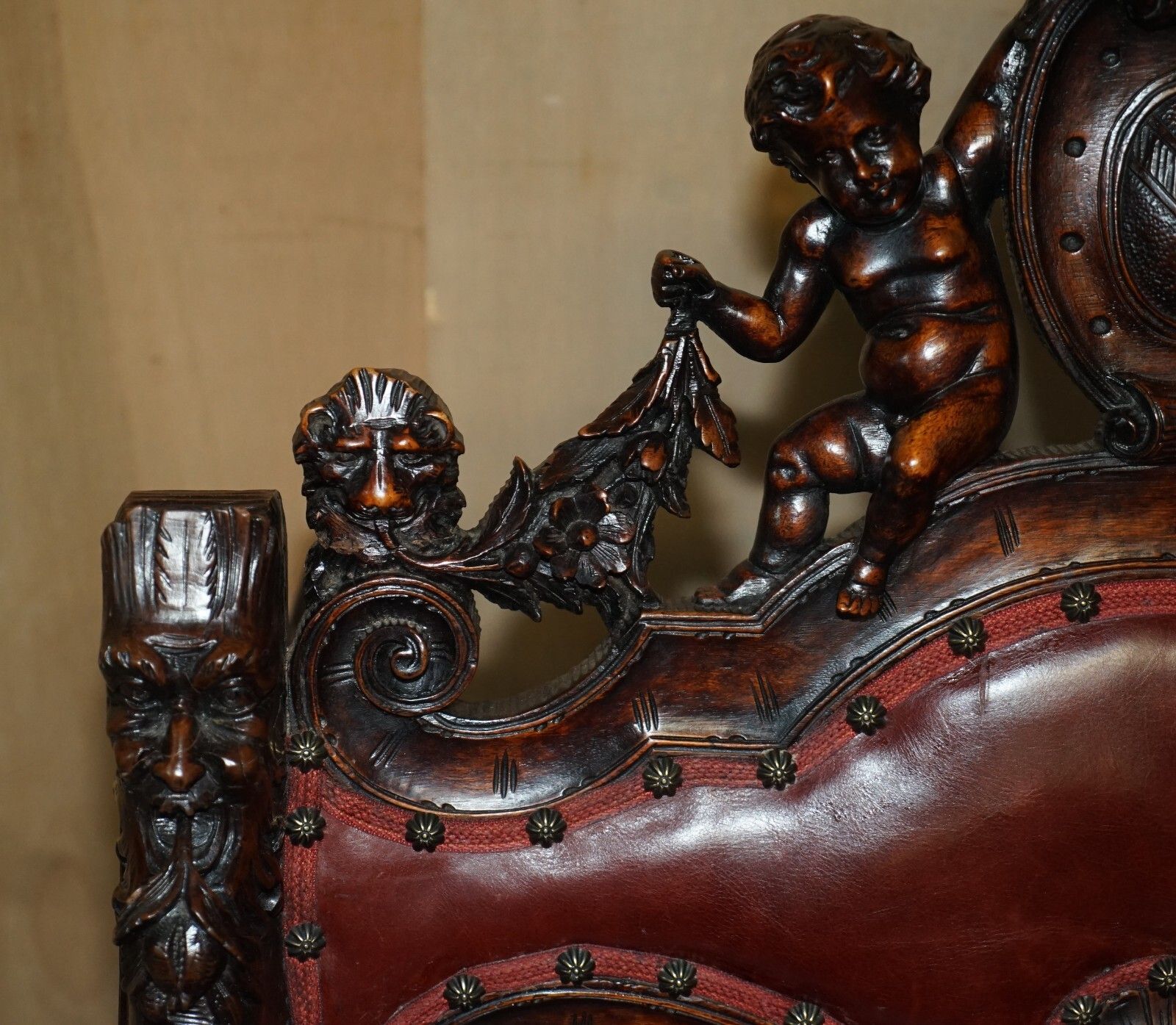 photo furniture Antique Italian Circa 1850 Hand Carved Fruitwood Leather Rocking Armchair