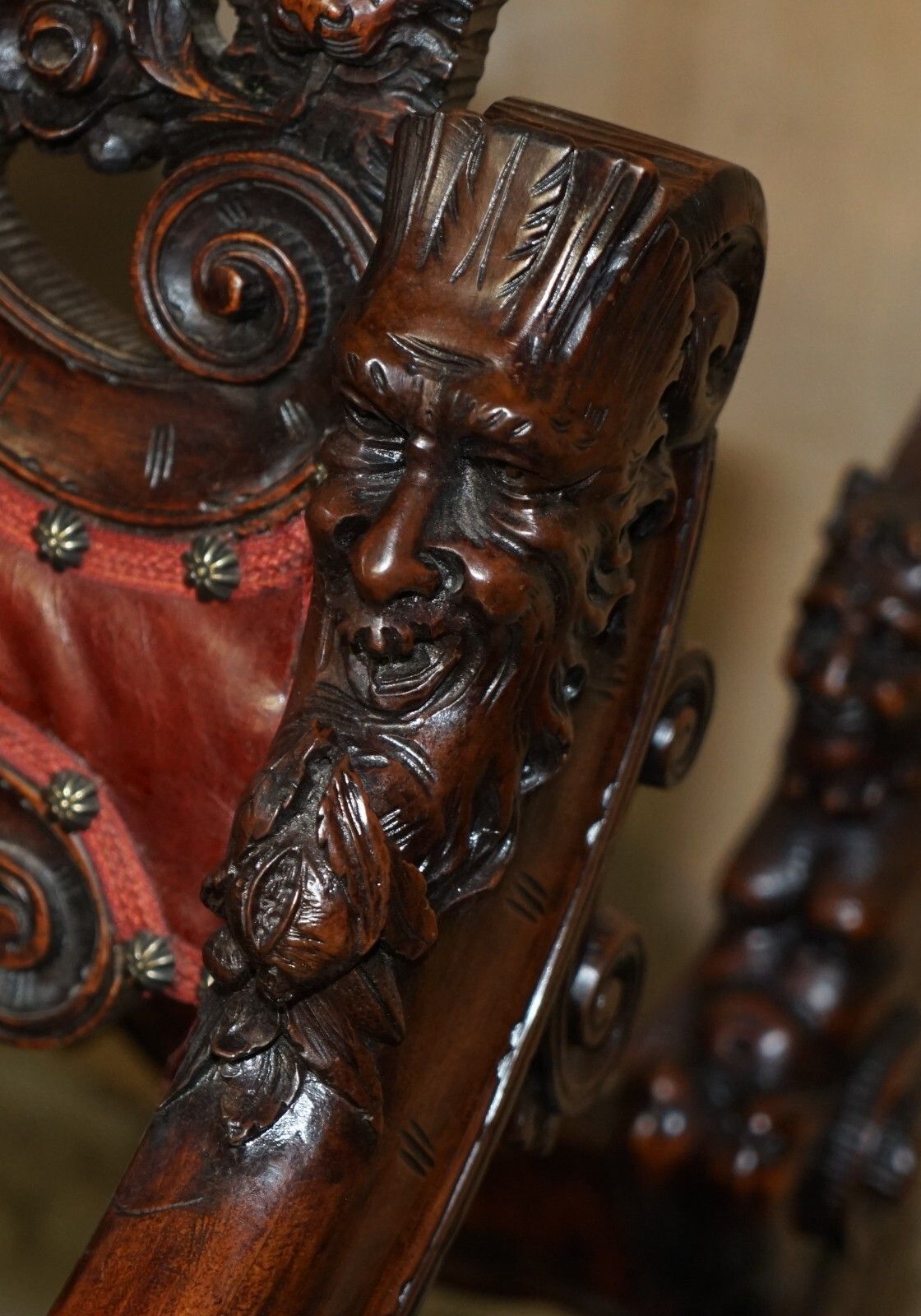 Furniture Antique Italian Circa 1850 Hand Carved Fruitwood Leather Rocking Armchair photo