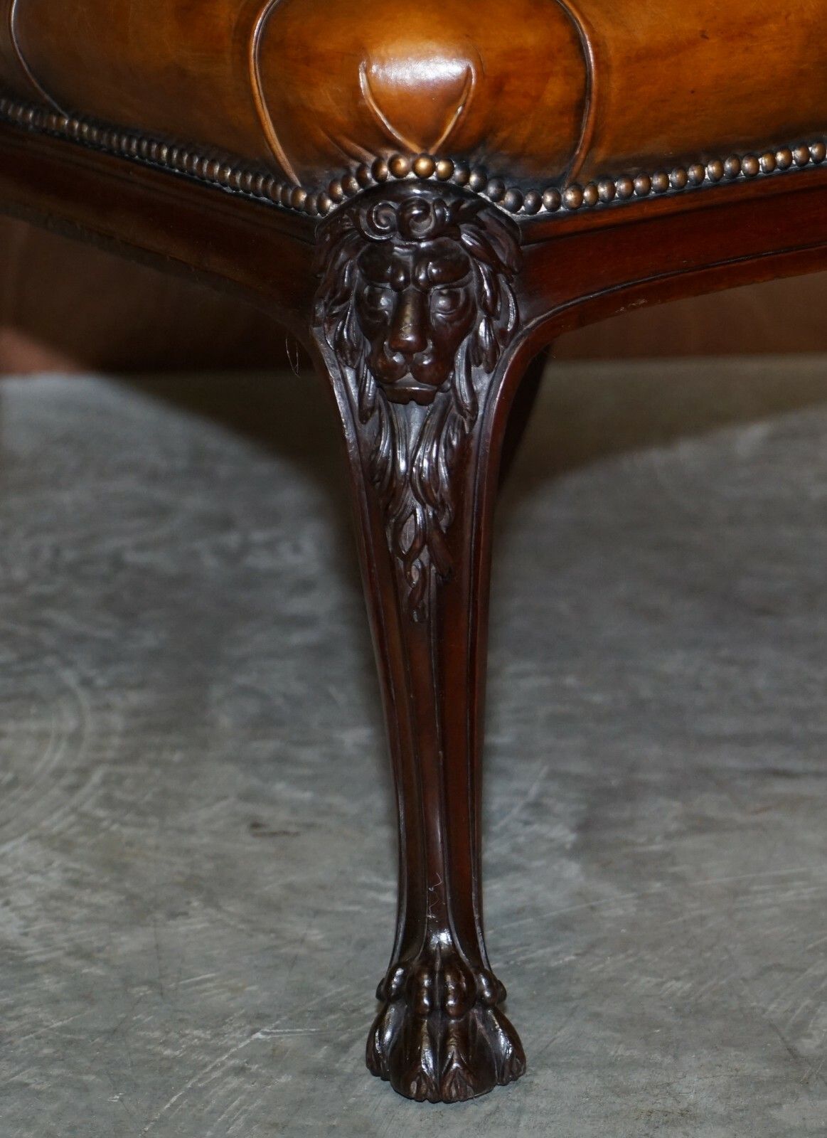 Circa 1845 C Hindley & Sons Lion Carved Chesterfield Brown Leather Dining Chairs photo vintage