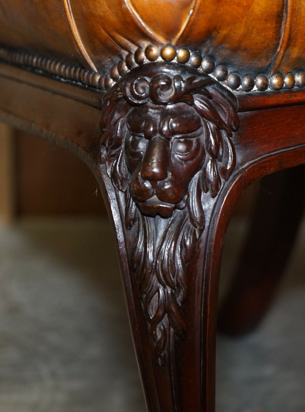 photo furniture Circa 1845 C Hindley & Sons Lion Carved Chesterfield Brown Leather Dining Chairs