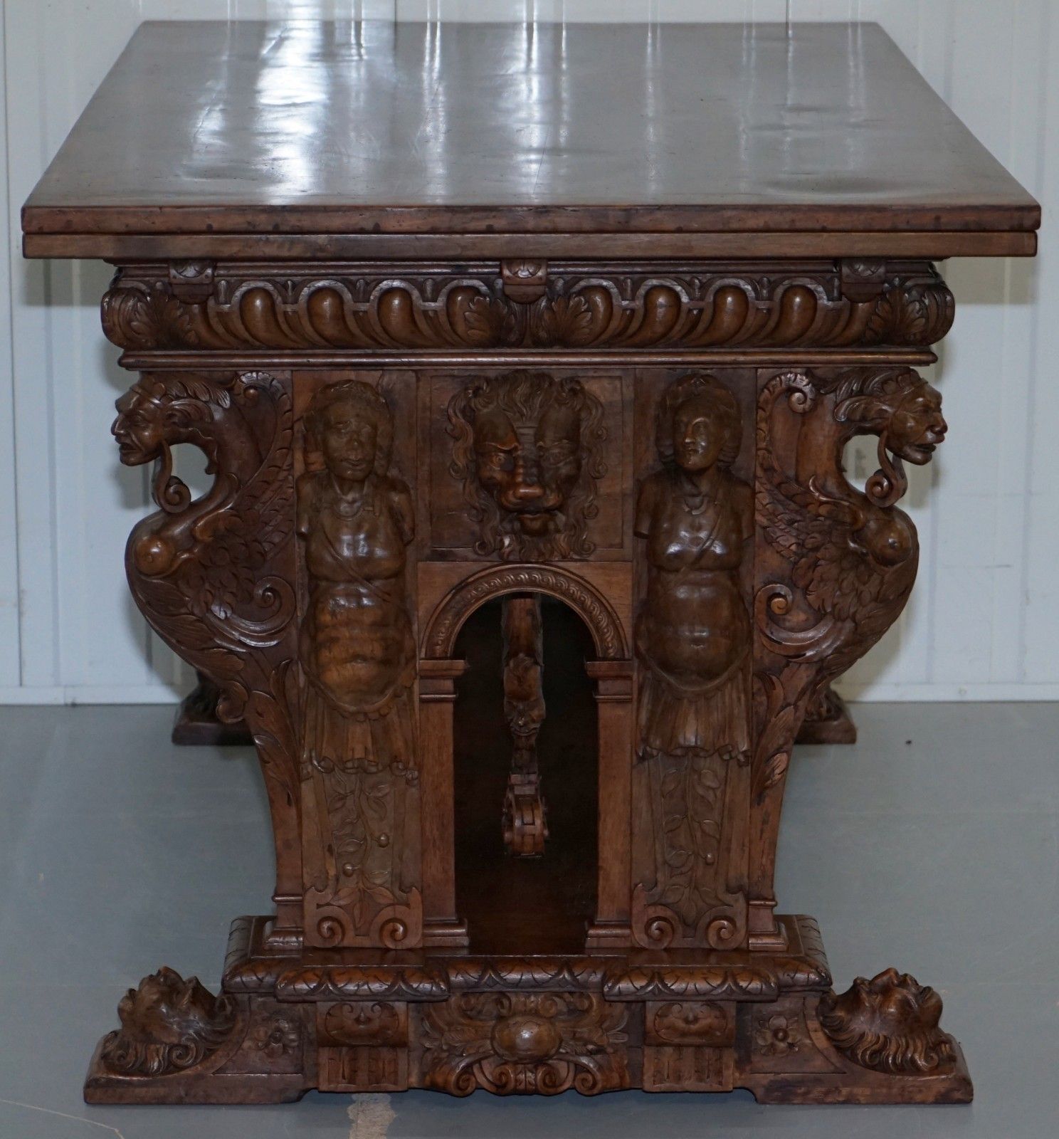Rare 18th Century French Walnut Renaissance Extending High Table Heavily Carved photo 15000.0
