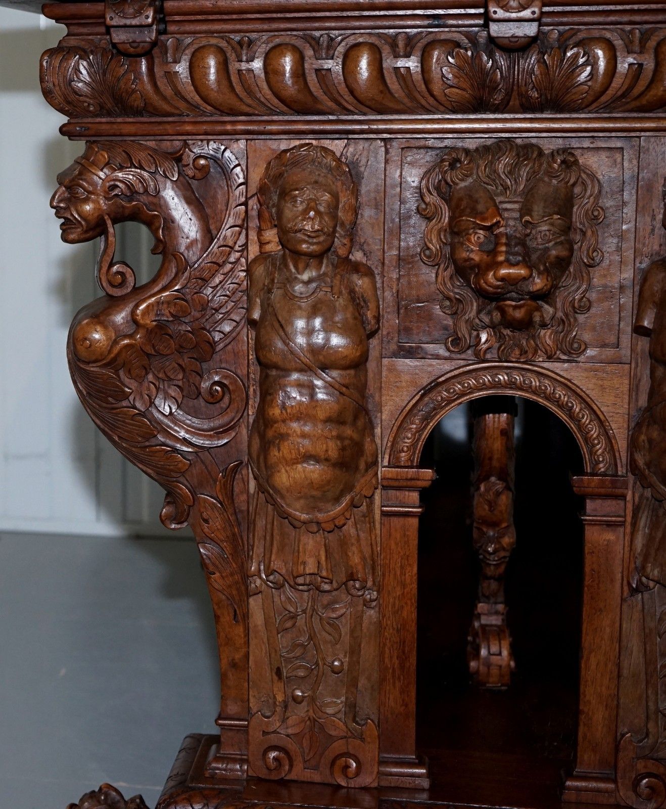 Rare 18th Century French Walnut Renaissance Extending High Table Heavily Carved photo vintage