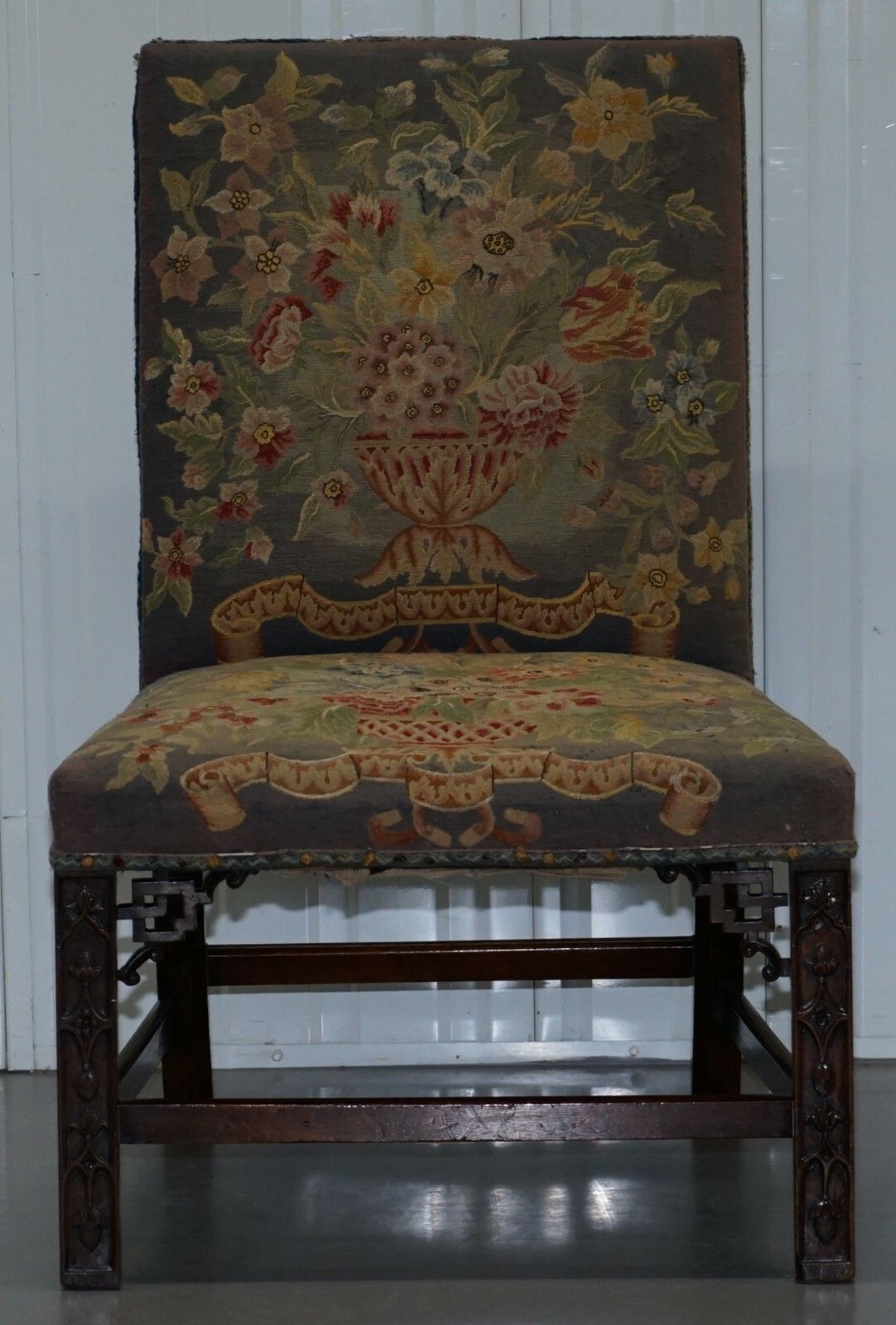 Furniture Rare Pair Of Thomas Chippendale Period 1760 Embroidered Chairs Ornately Carved photo