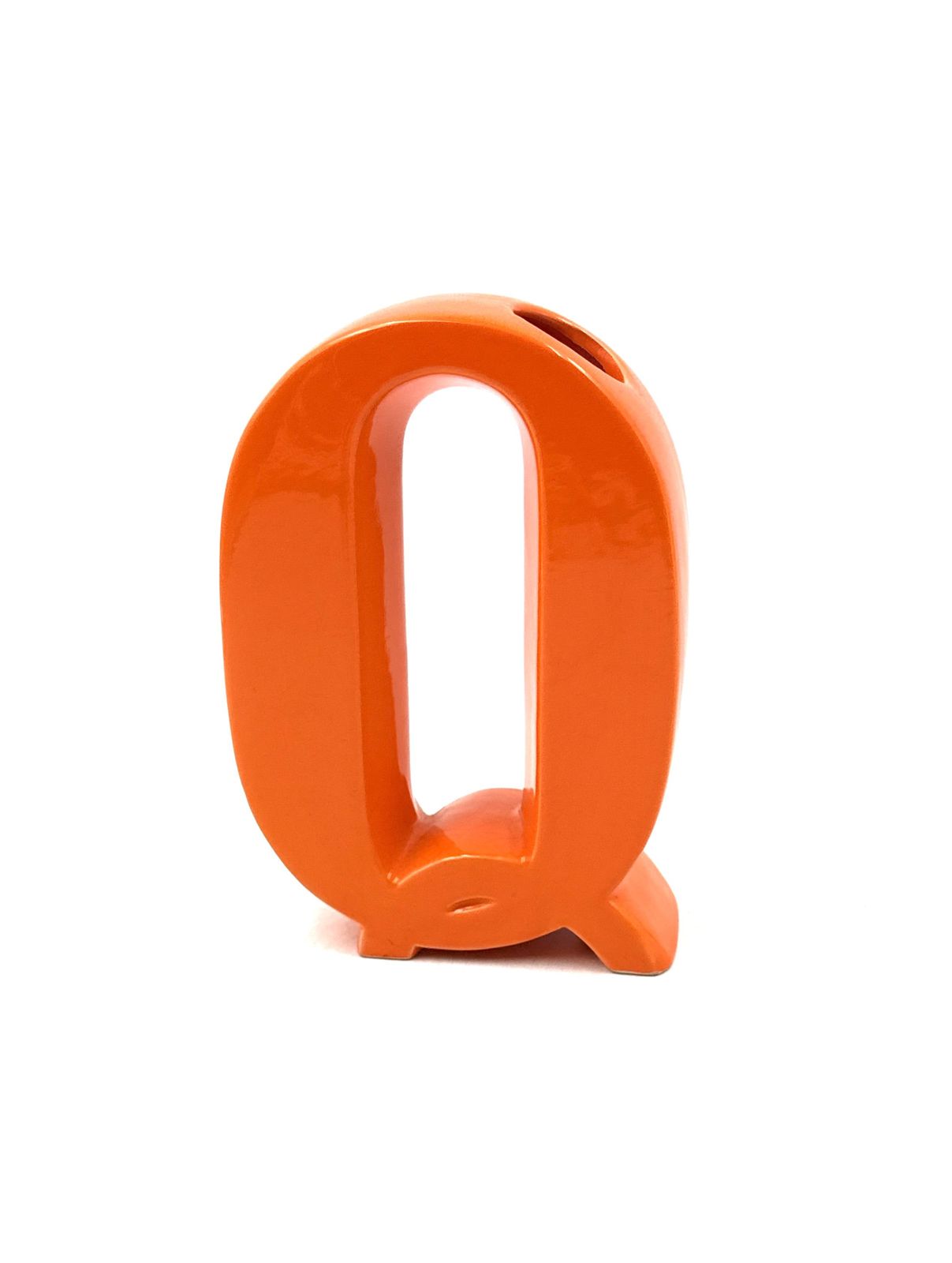 photo for sale Space Age Orange Q Letter Shaped Ceramic Solifleur Vase, Marcel Radureau Ca. 1970