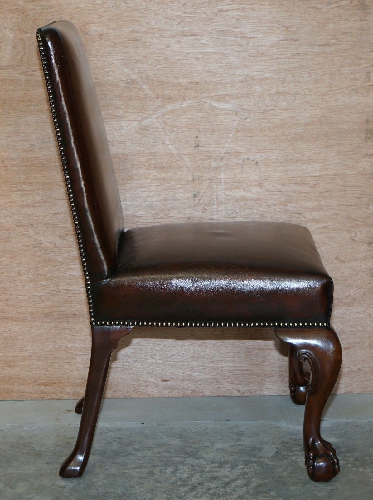 Furniture Six Stunning Fully Restored Brown Leather Mahogany Claw & Ball Dining Chairs 6 photo