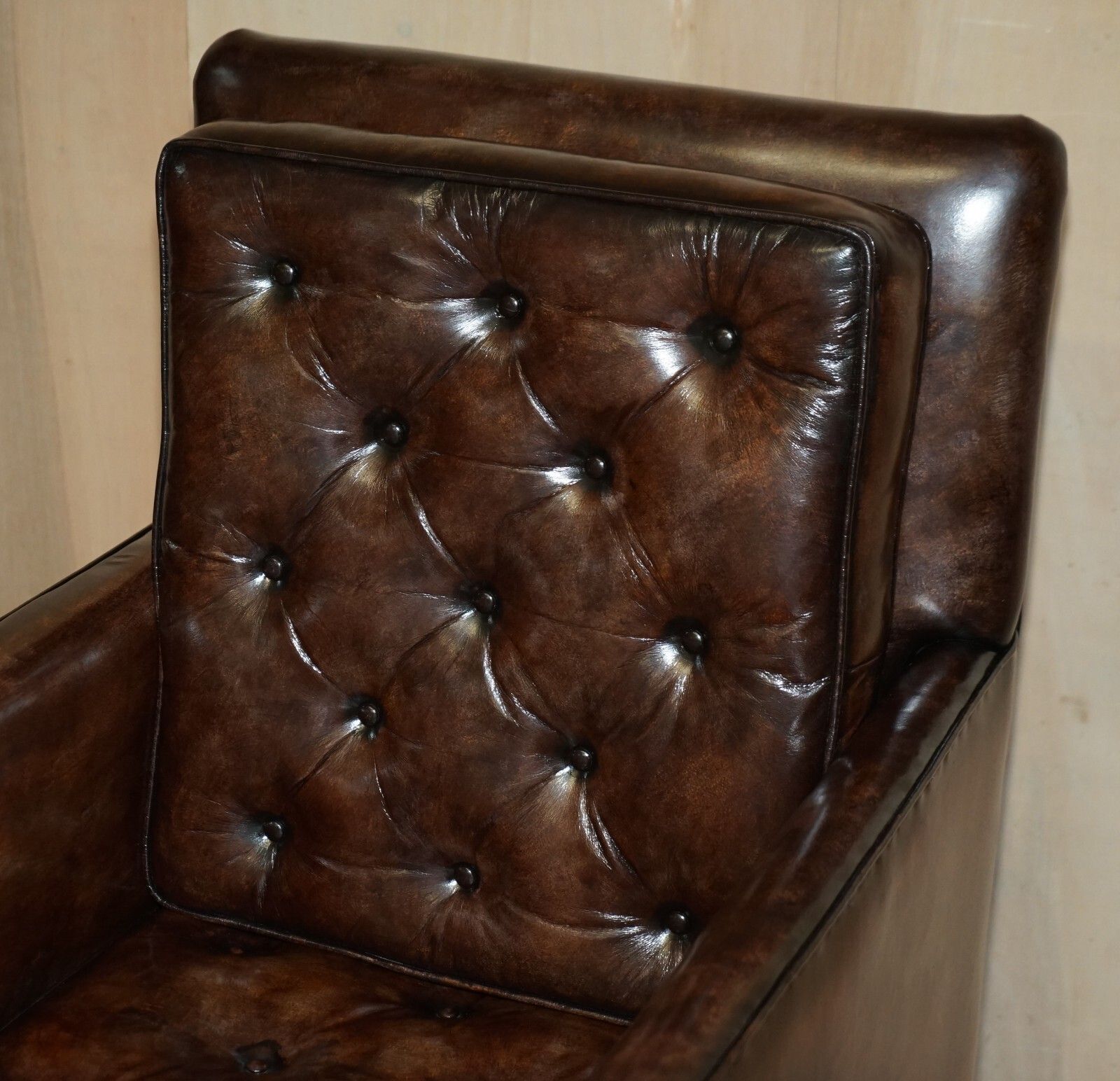 Pair Of Antique Regency  Brown Leather Chesterfield Armchairs Extending Stools photo Furniture