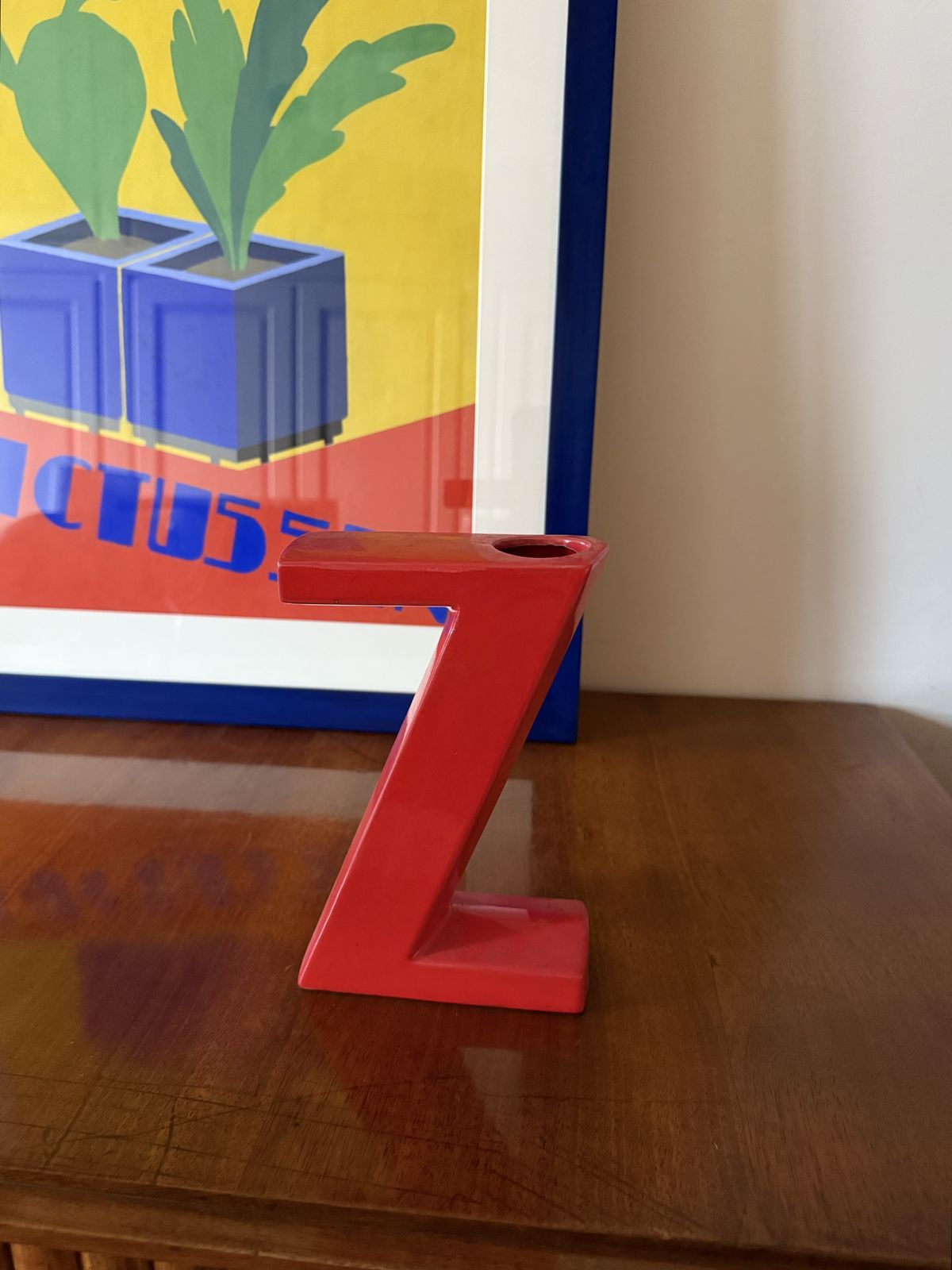 photo furniture Space Age Red Z Letter Shaped Ceramic Solifleur Vase, Marcel Radureau France Ca. 1970