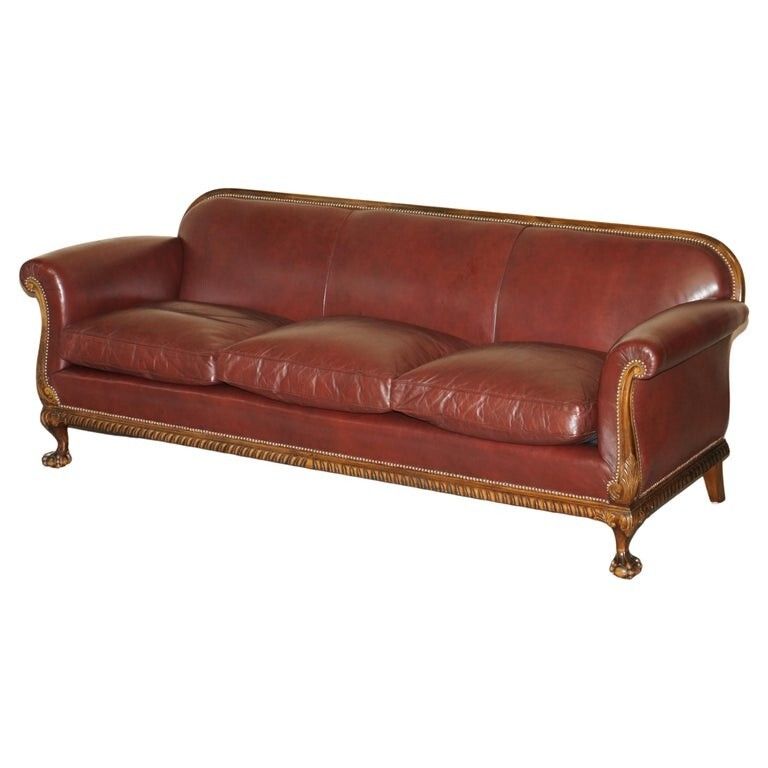 Important Antique Victorian Claw & Ball Feet Brown Leather Walnut Club Sofa