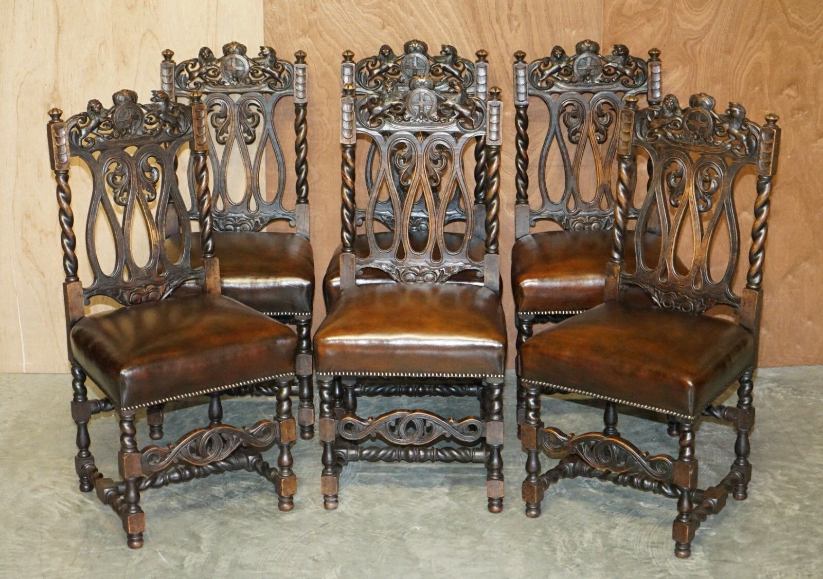 Eight Hand Carved Armorial Crest Coat Of Arms Antique Jacobean Dining Chairs photo furniture