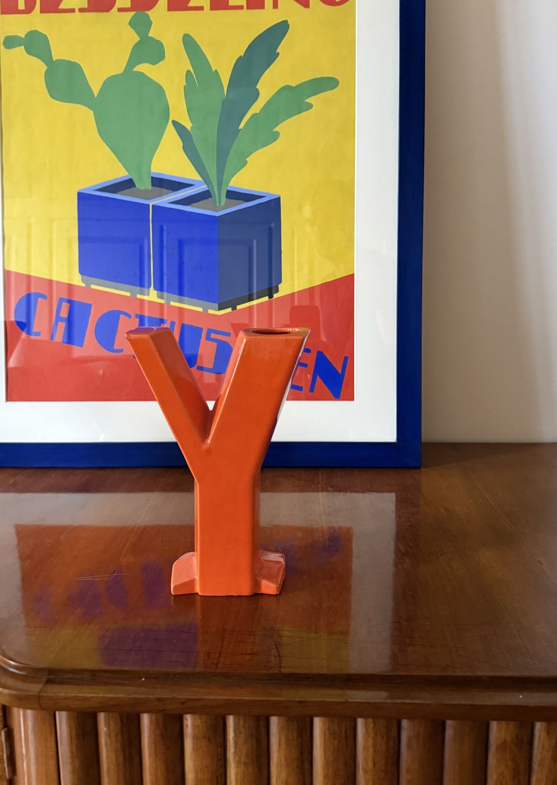 Space Age Orange Y Letter Shaped Ceramic Solifleur Vase, Marcel Radureau France Ca. 1970 photo furniture