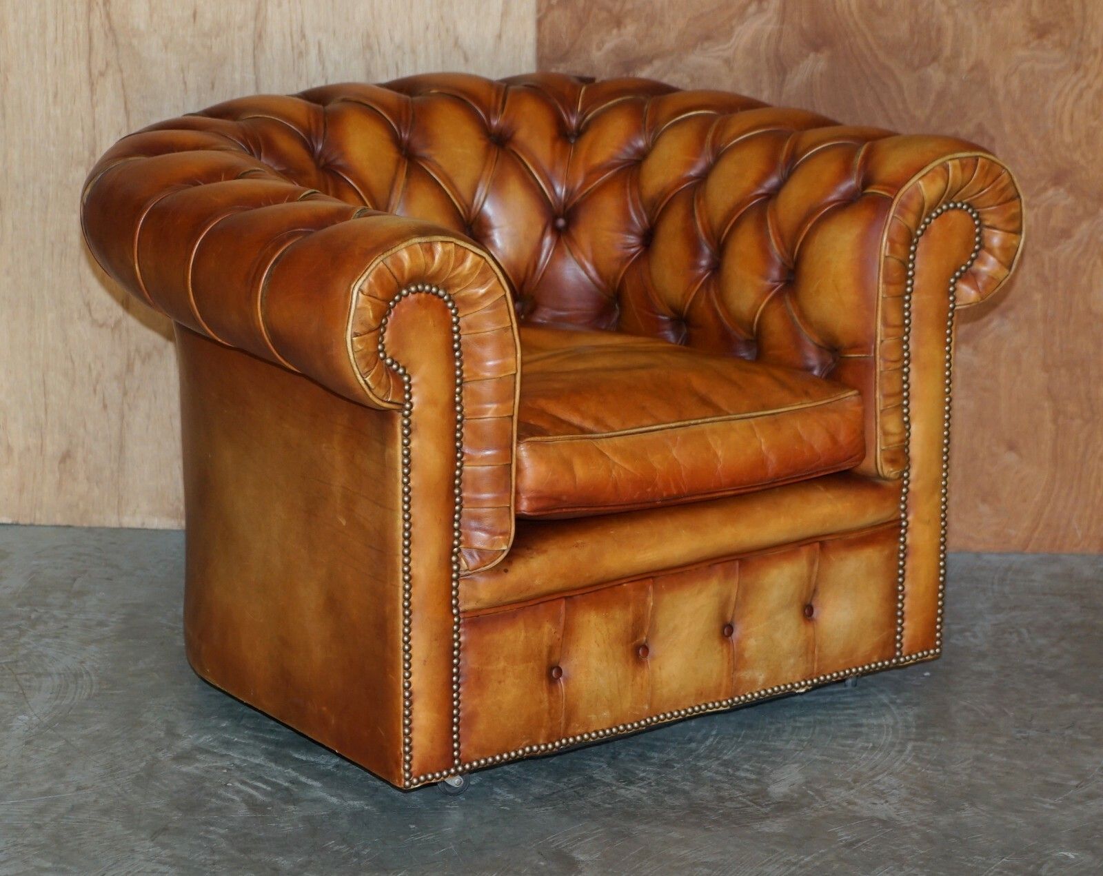 Old Chesterfield Club Three Piece Sofa & Pair Of Armchairs Suite Brown Leather photo for sale
