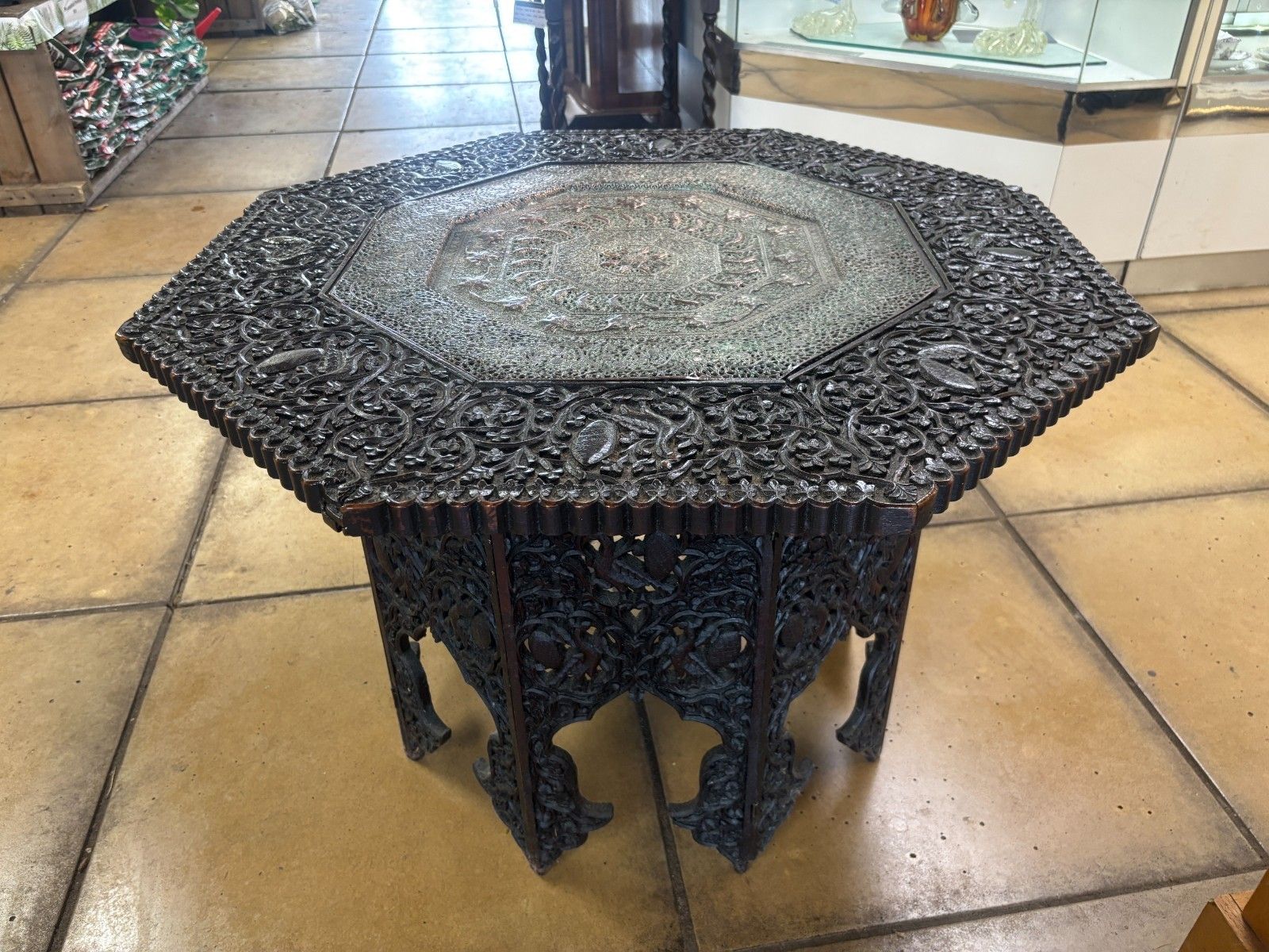 19th Century Anglo Indian Heavily Carved Wooden Table With Copper Insert photo buy