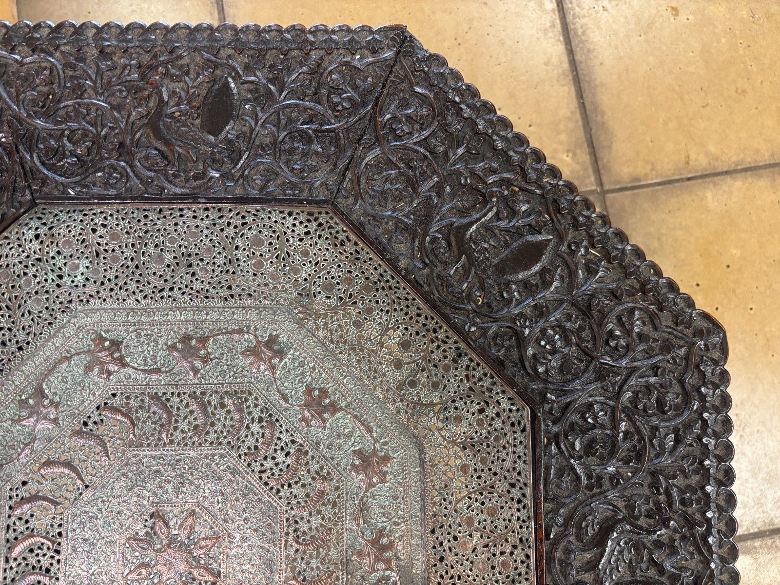 photo for sale 19th Century Anglo Indian Heavily Carved Wooden Table With Copper Insert
