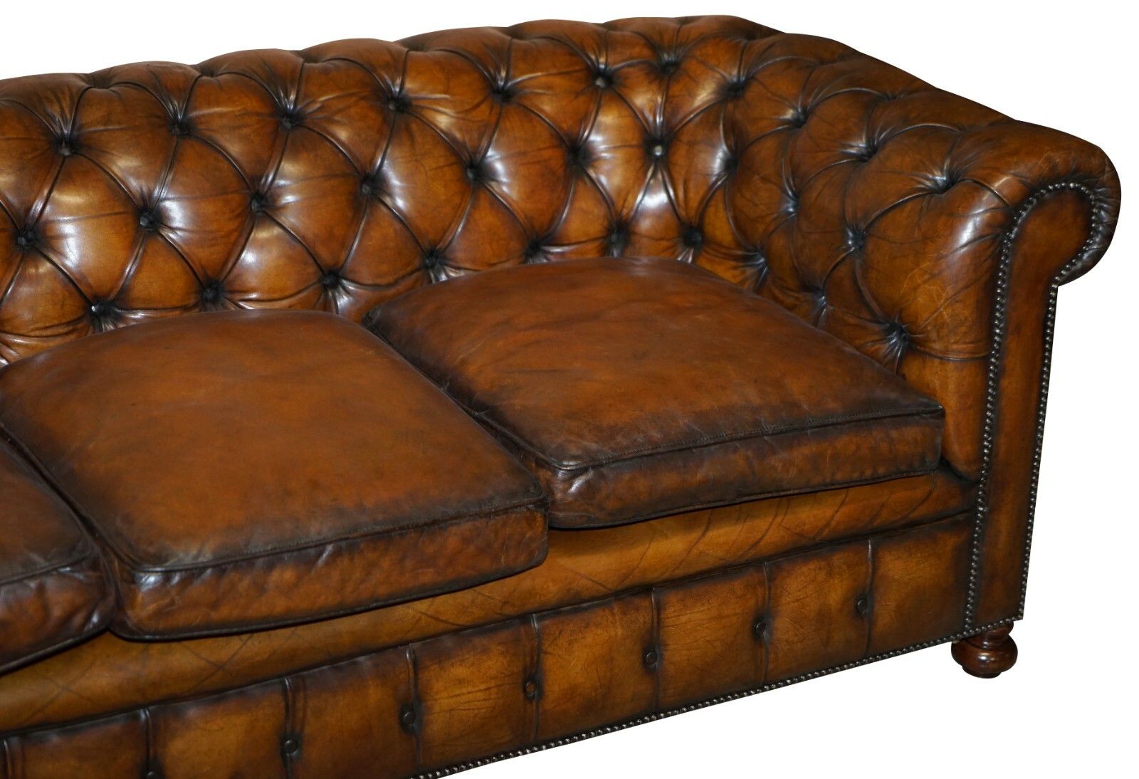 1960's Hand Dyed Restored Cigar Brown Leather Chesterfield Club Sofa English photo Furniture
