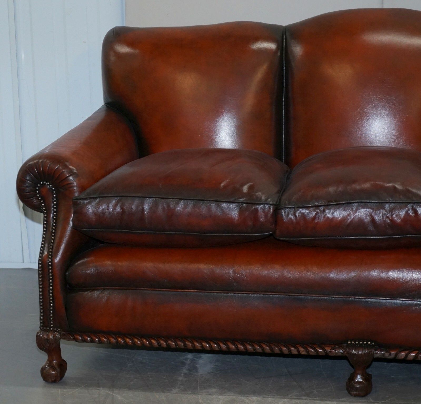 Restored Victorian Hand Dyed Brown Leather Sofa Claw & Ball Feet Feather Cushion photo for sale