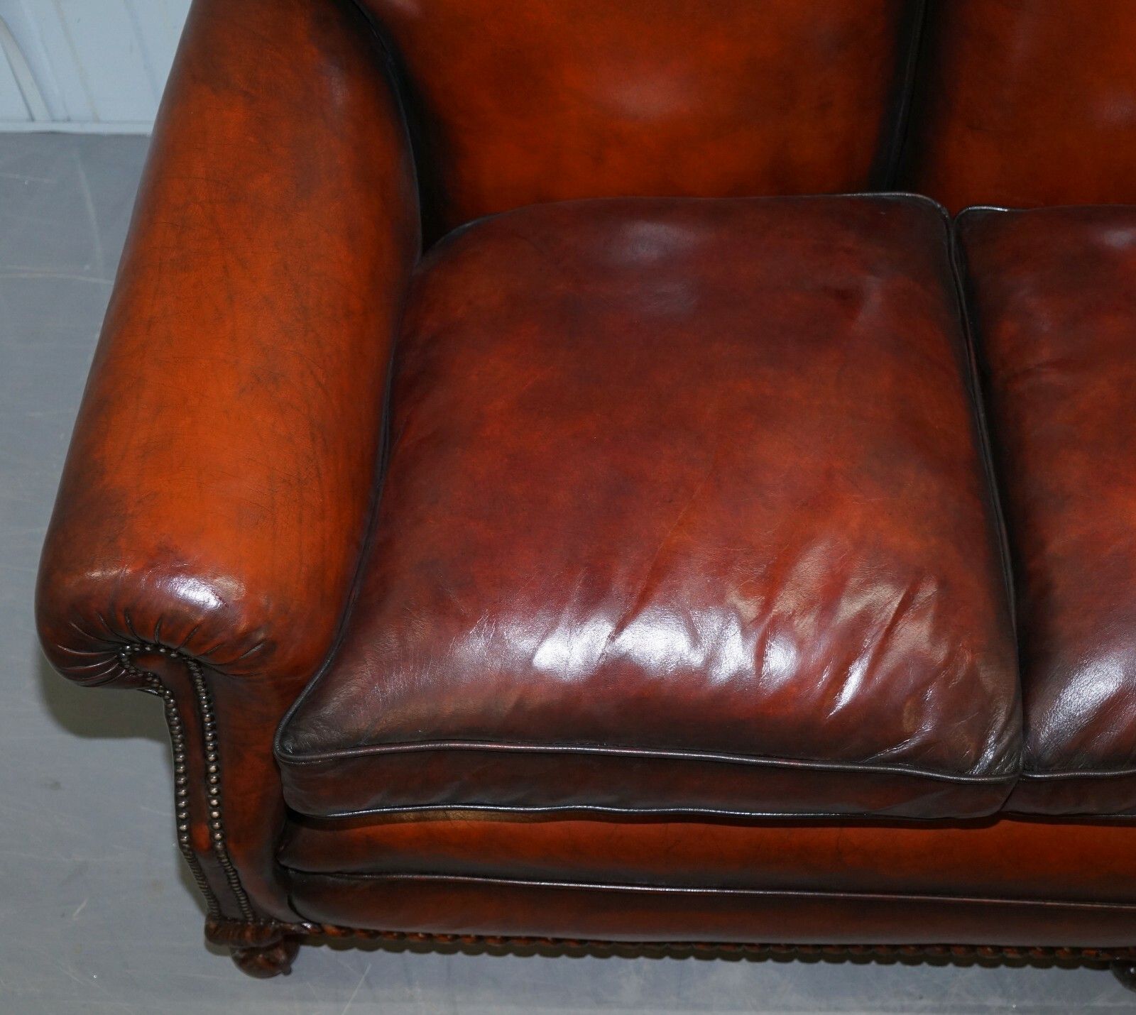 Restored Victorian Hand Dyed Brown Leather Sofa Claw & Ball Feet Feather Cushion photo vintage