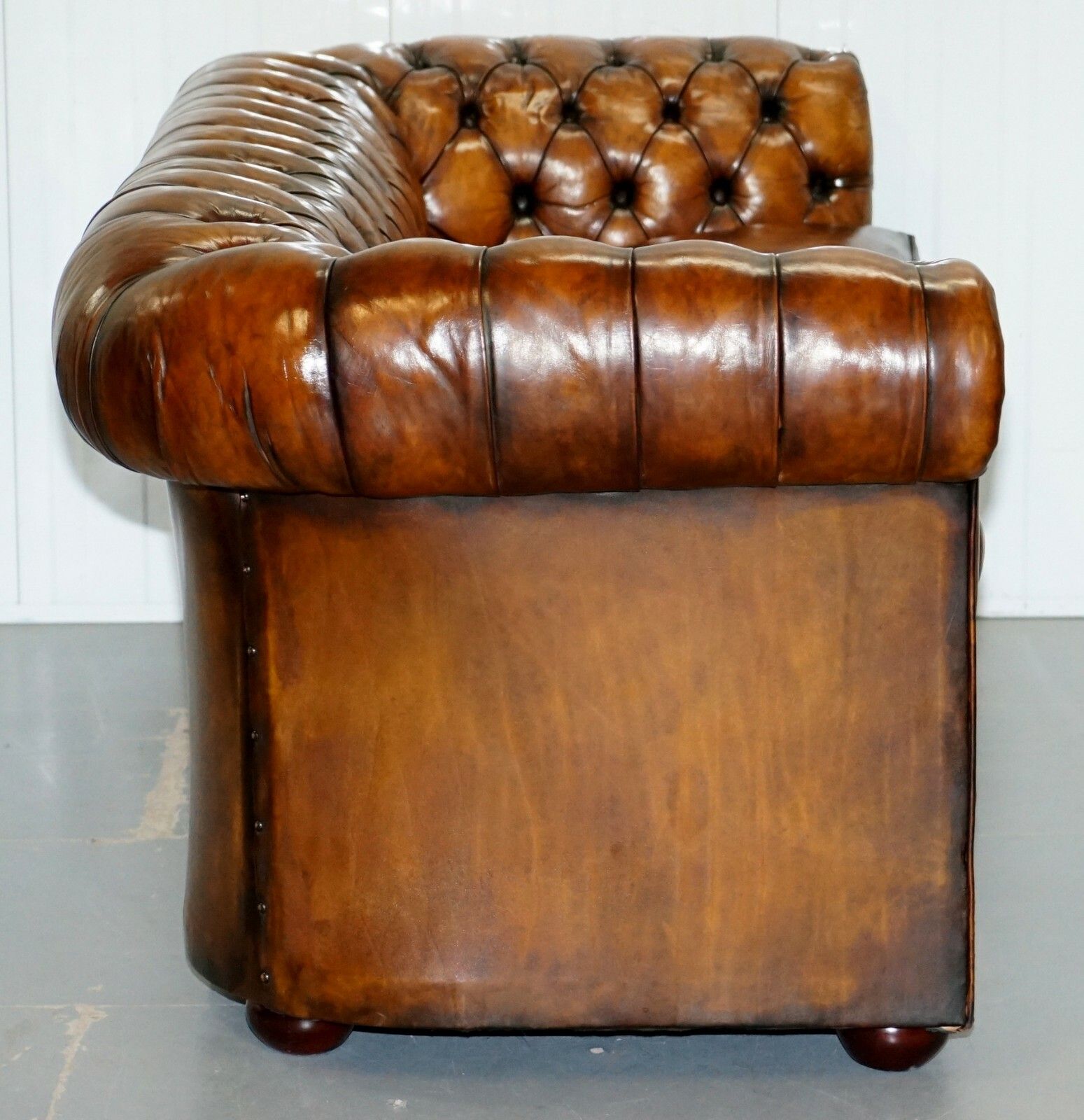 Furniture 1930's Hand Dyed Restored Whisky Brown Leather Chesterfield Club Sofa English photo