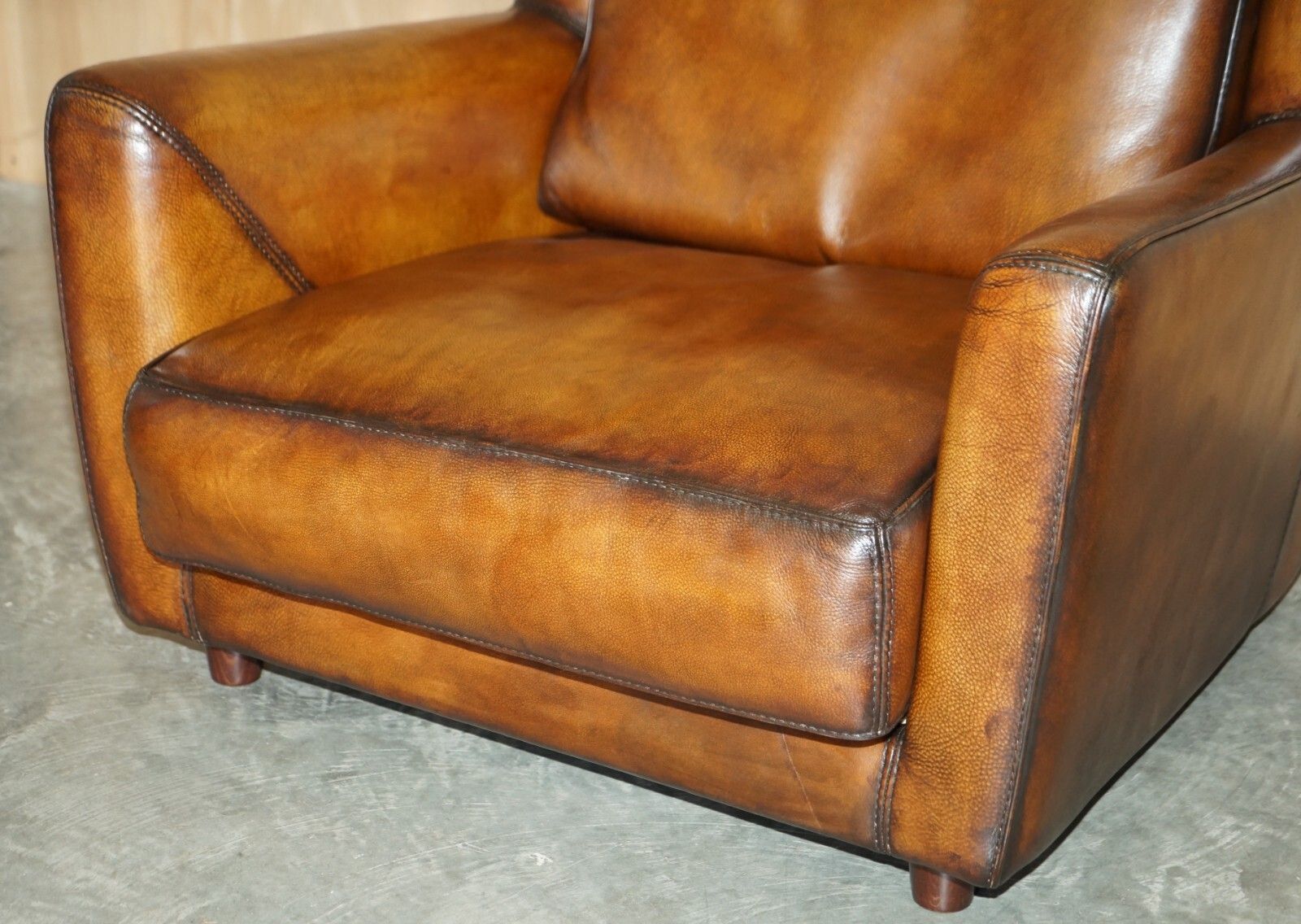 Pair Of Restored Baxter Berger Hand Dyed Cigar Brown Leather Love Seat Armchairs photo 10000.0