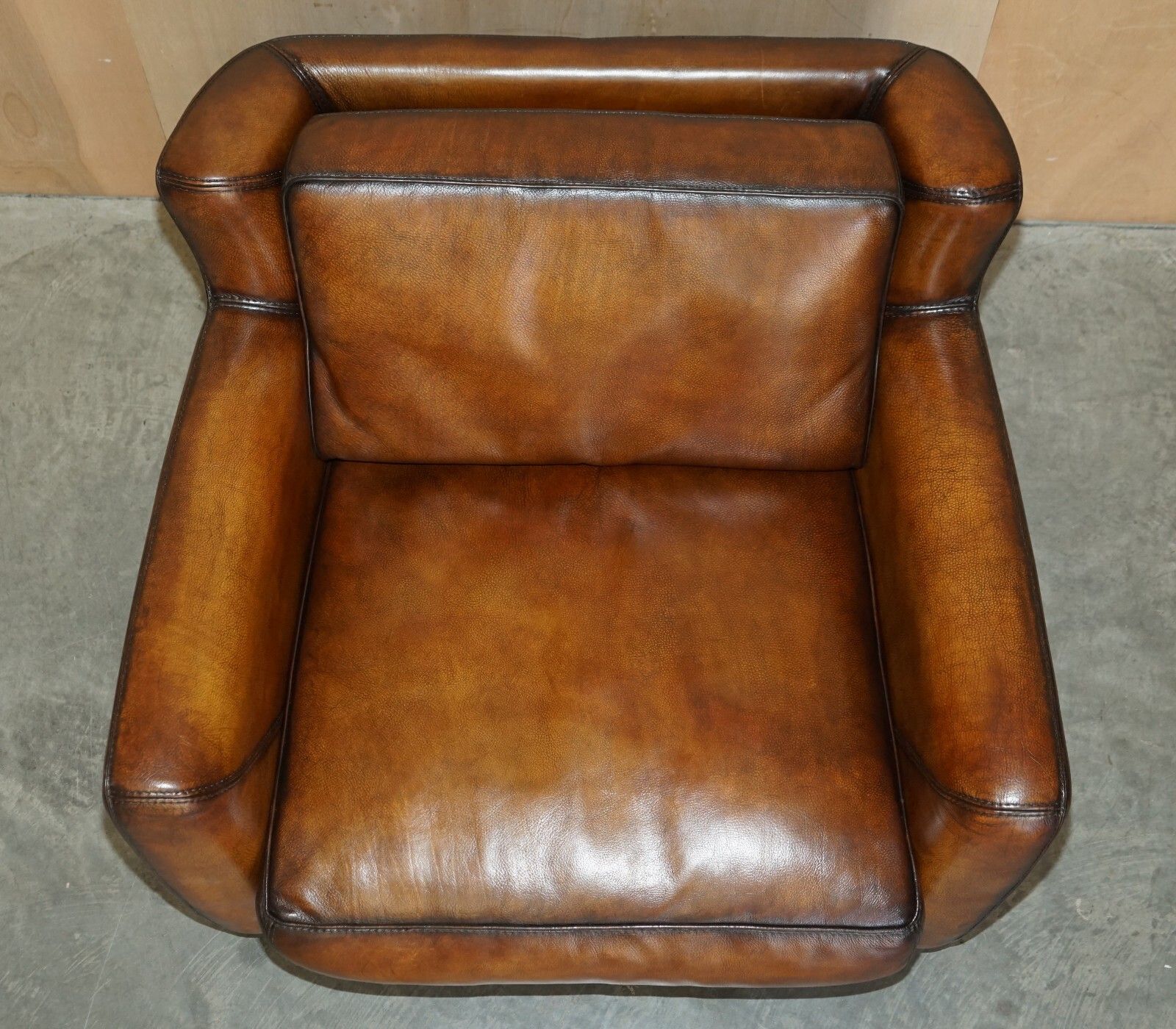 Pair Of Restored Baxter Berger Hand Dyed Cigar Brown Leather Love Seat Armchairs photo buy